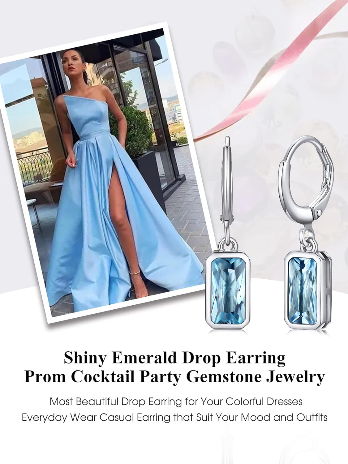 Rectangular Baguette March Aquamarine Crystal Huggie Hoop Dangle Earring 