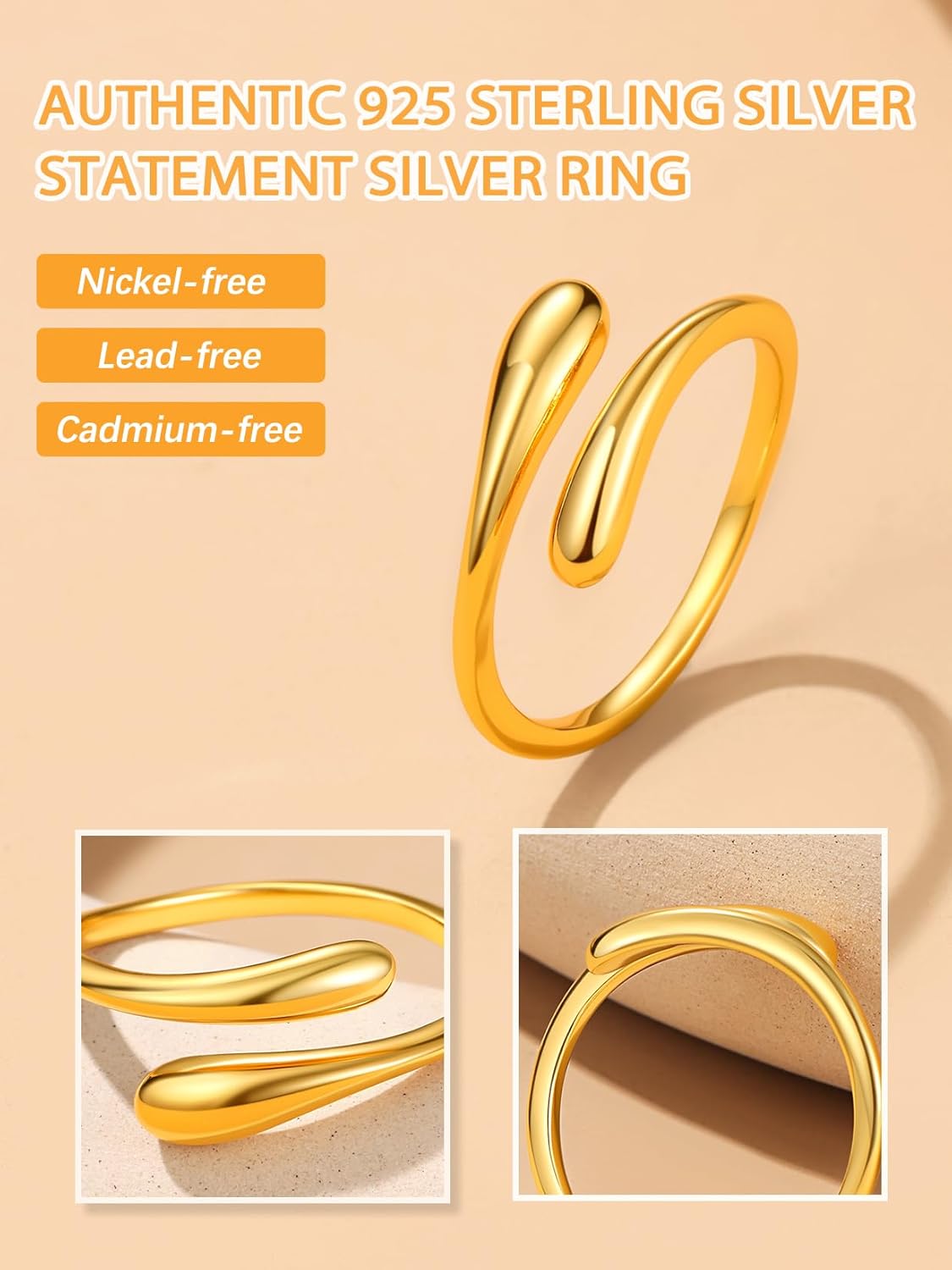 Gold Dainty Teardrop Ring Open Adjustable Band Ring