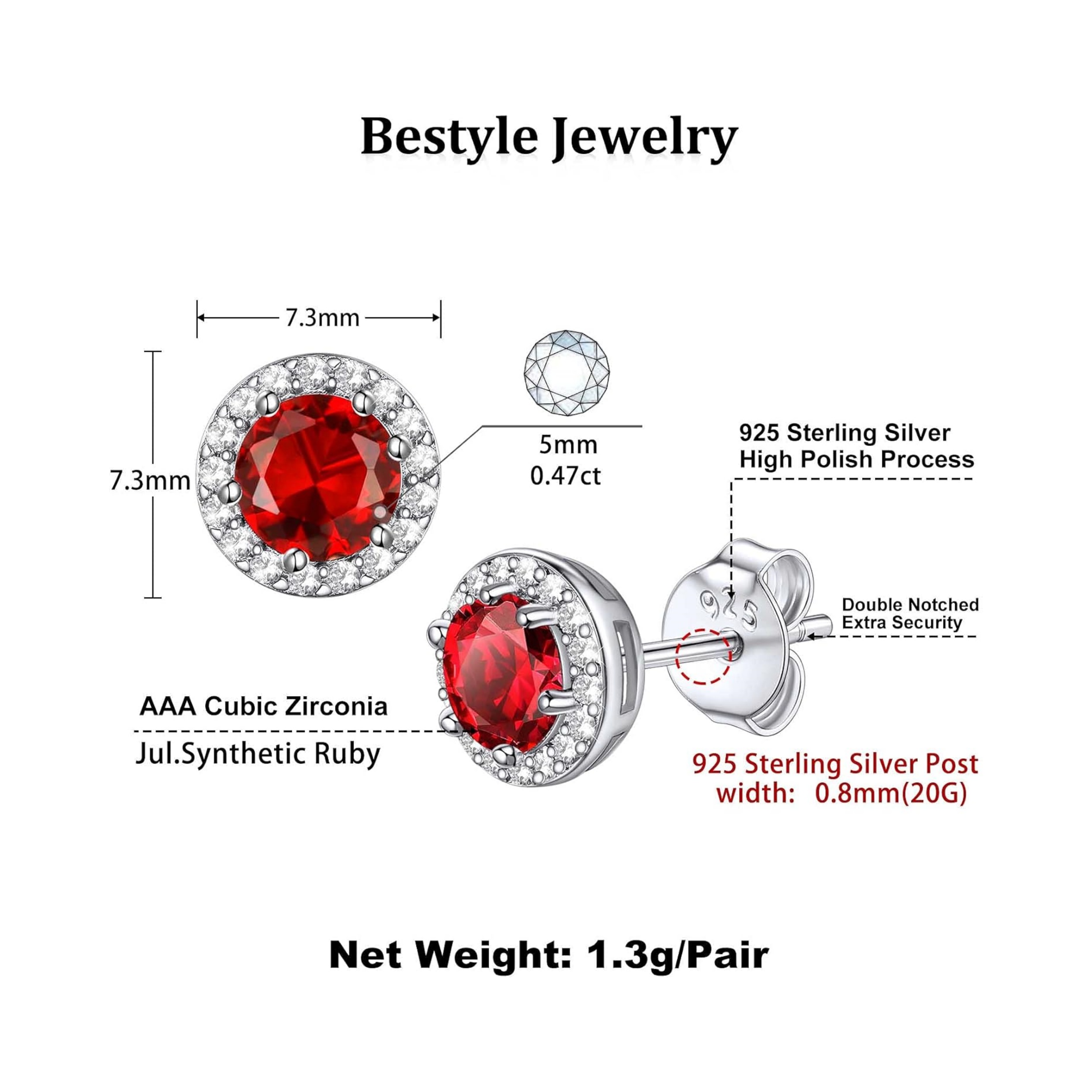 Red Ruby July Round Birthstone Stud Earrings