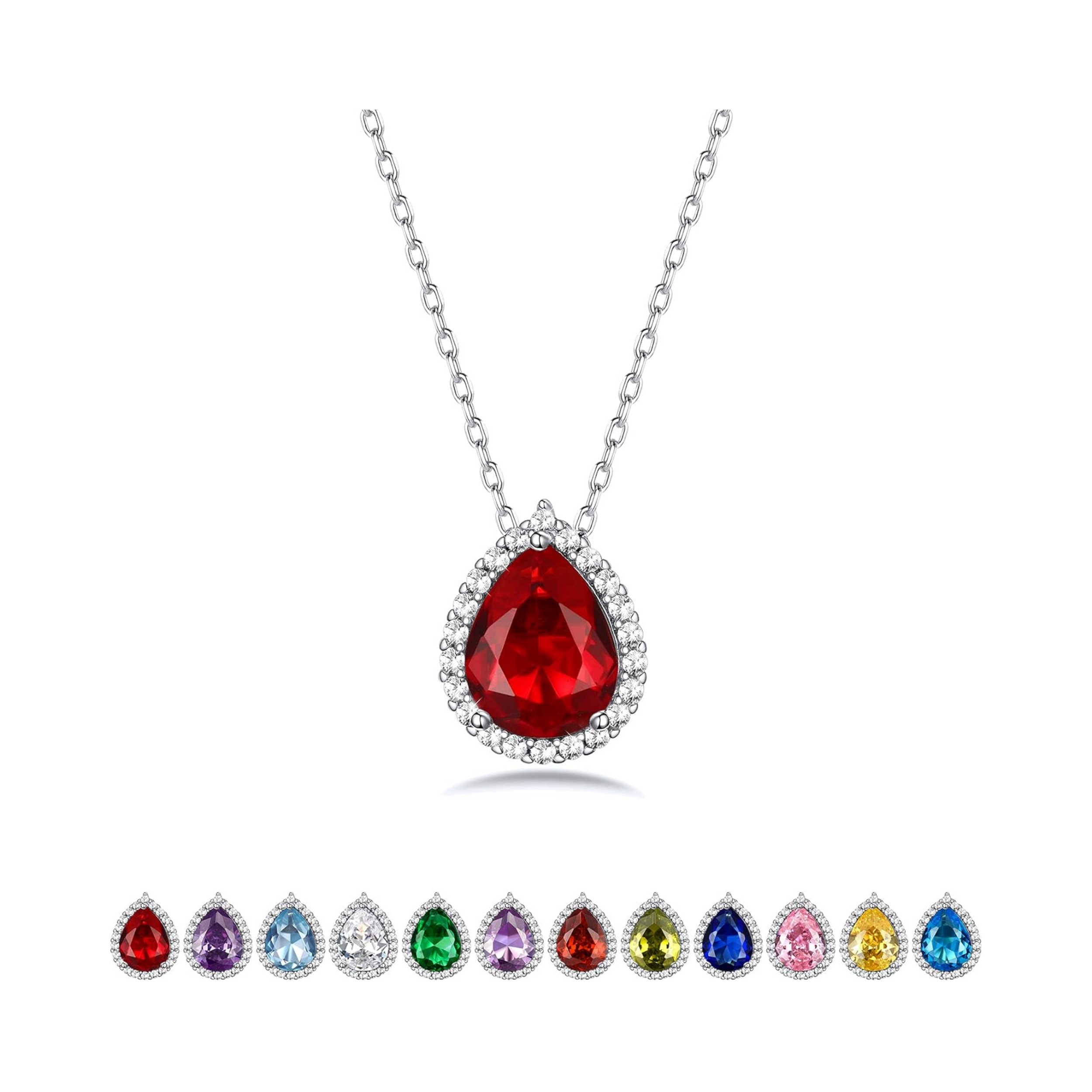 Teardrop January Garnet Solitaire Pendant Diamond Necklace