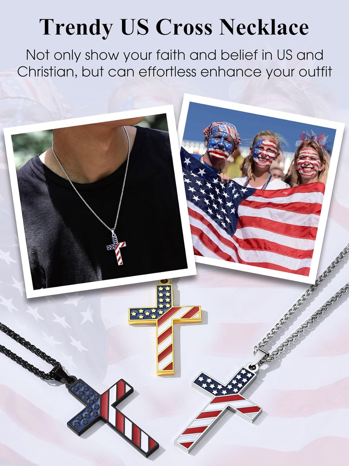 Stainless Steel US Flag Cross Patriotic Necklace