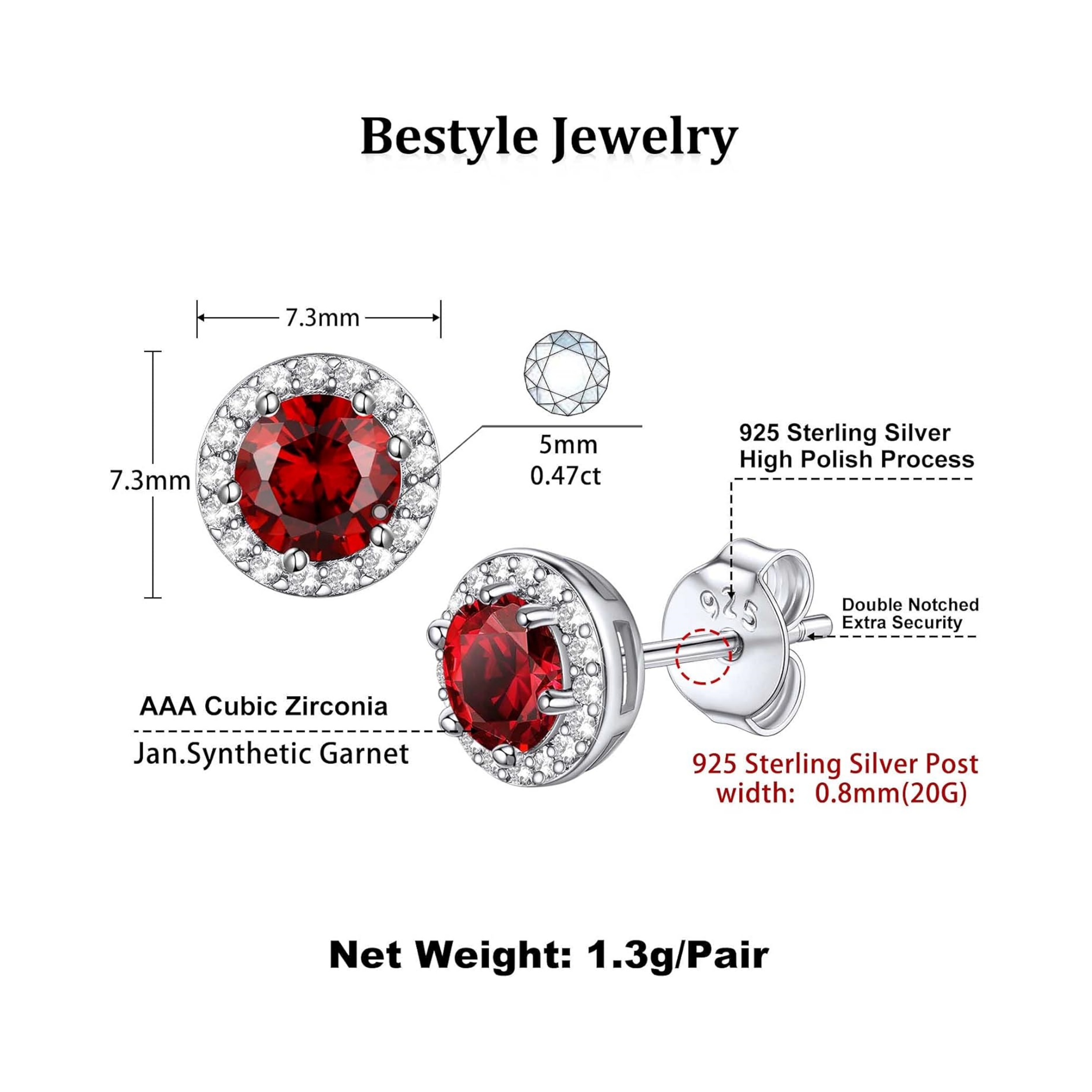 January Red Garnet Round Birthstone with Cubic Zirconia Stud Earrings