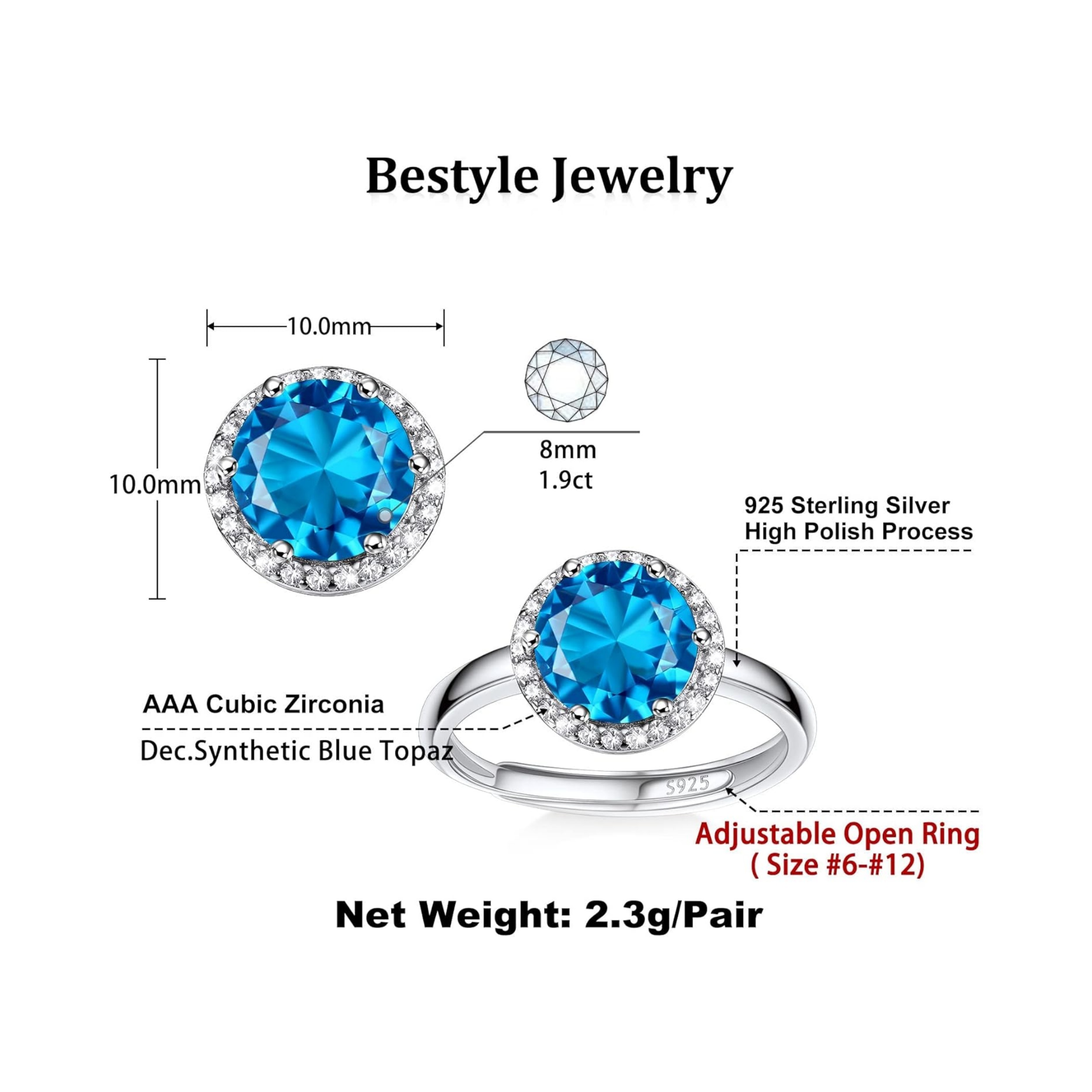 December Blue Topaz Round Diamond Open Bands Cubic Zirconia Rings