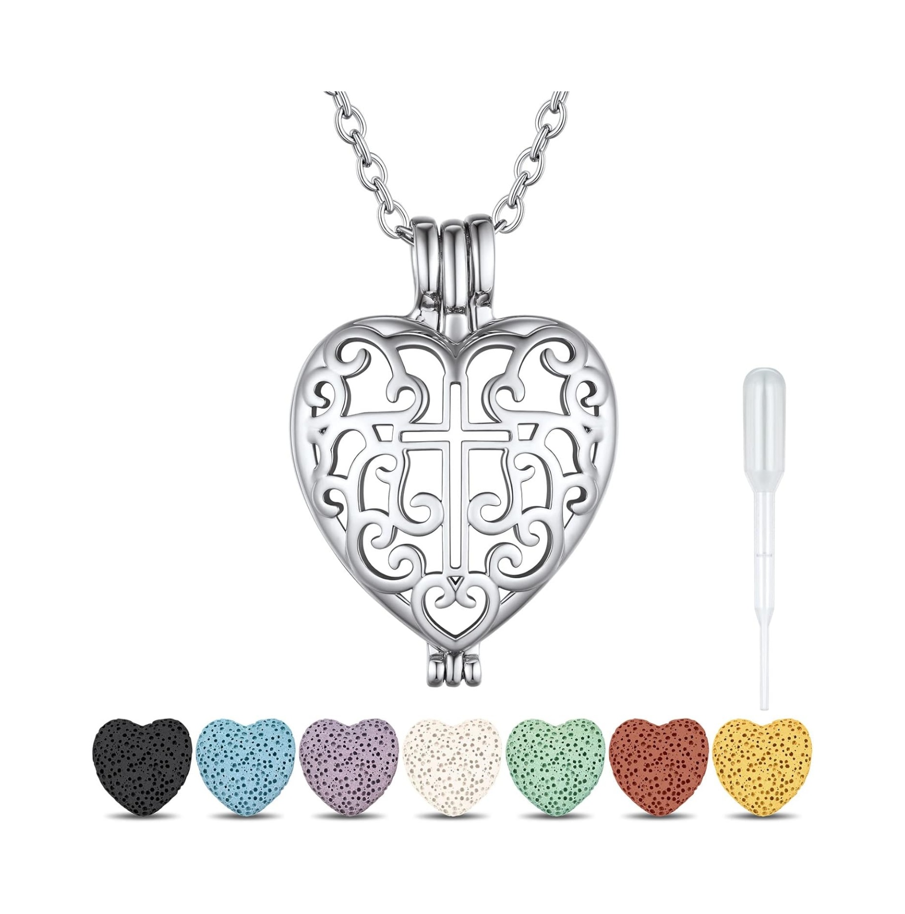 Platinum Celtic Cross Heart Locket Lava Stone Diffuser Necklaces