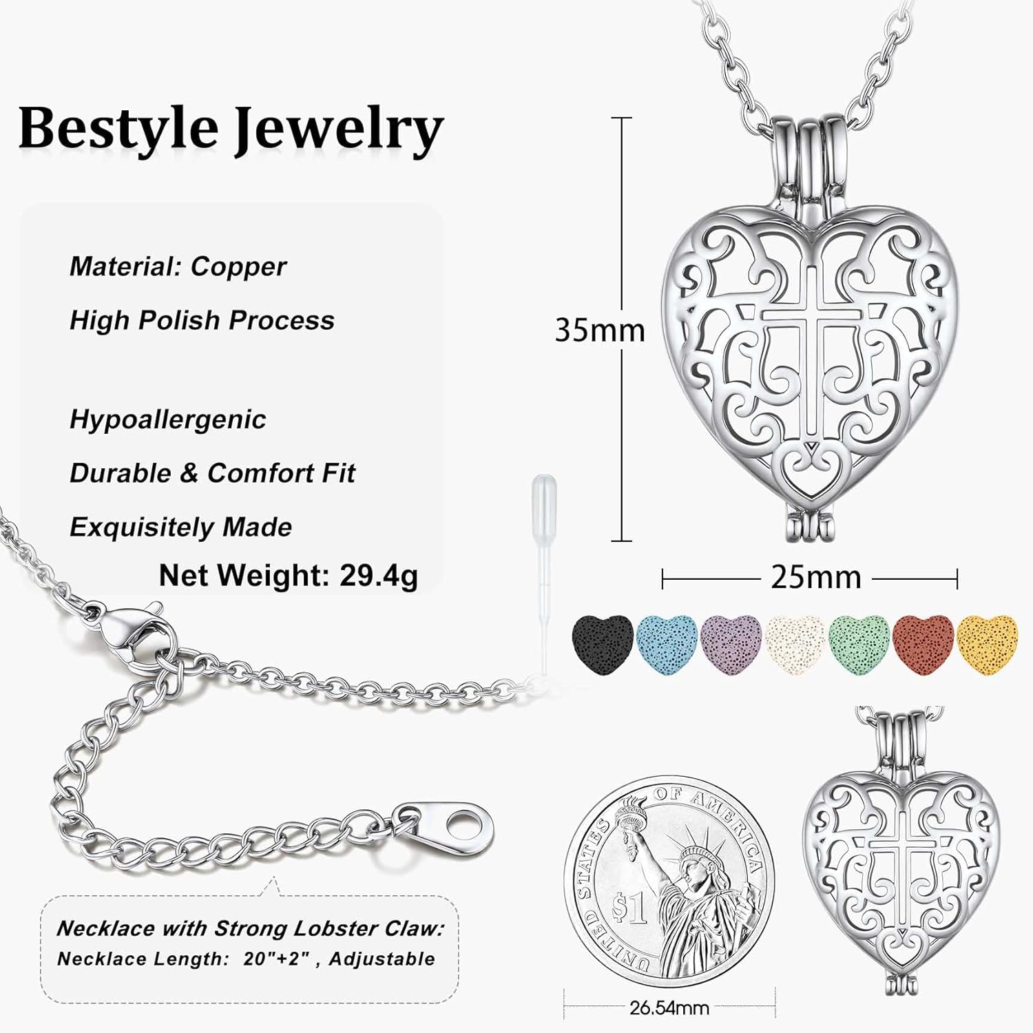 Platinum Celtic Cross Heart Locket Lava Stone Diffuser Necklaces