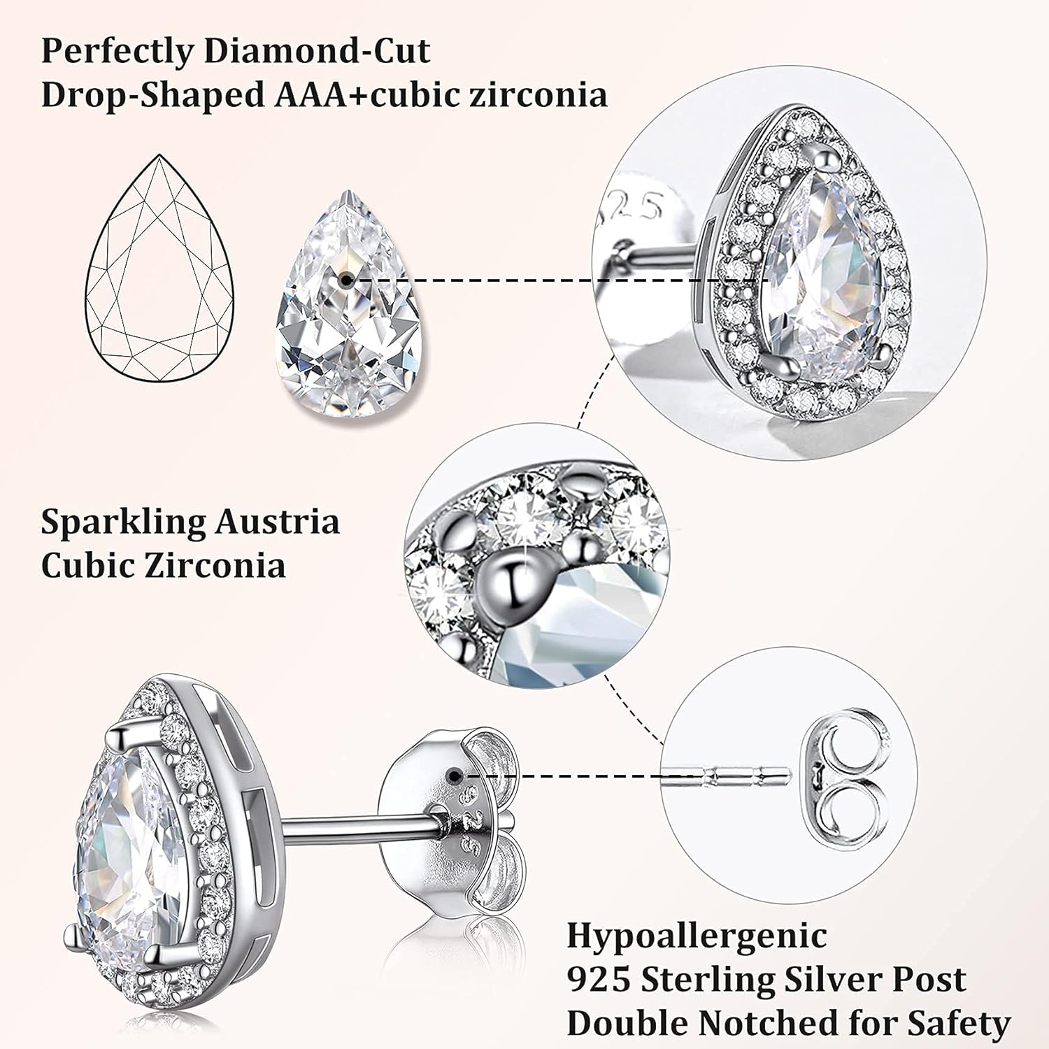 White Diamond April Birthstone Sparkling Teardrop Studs Earrings
