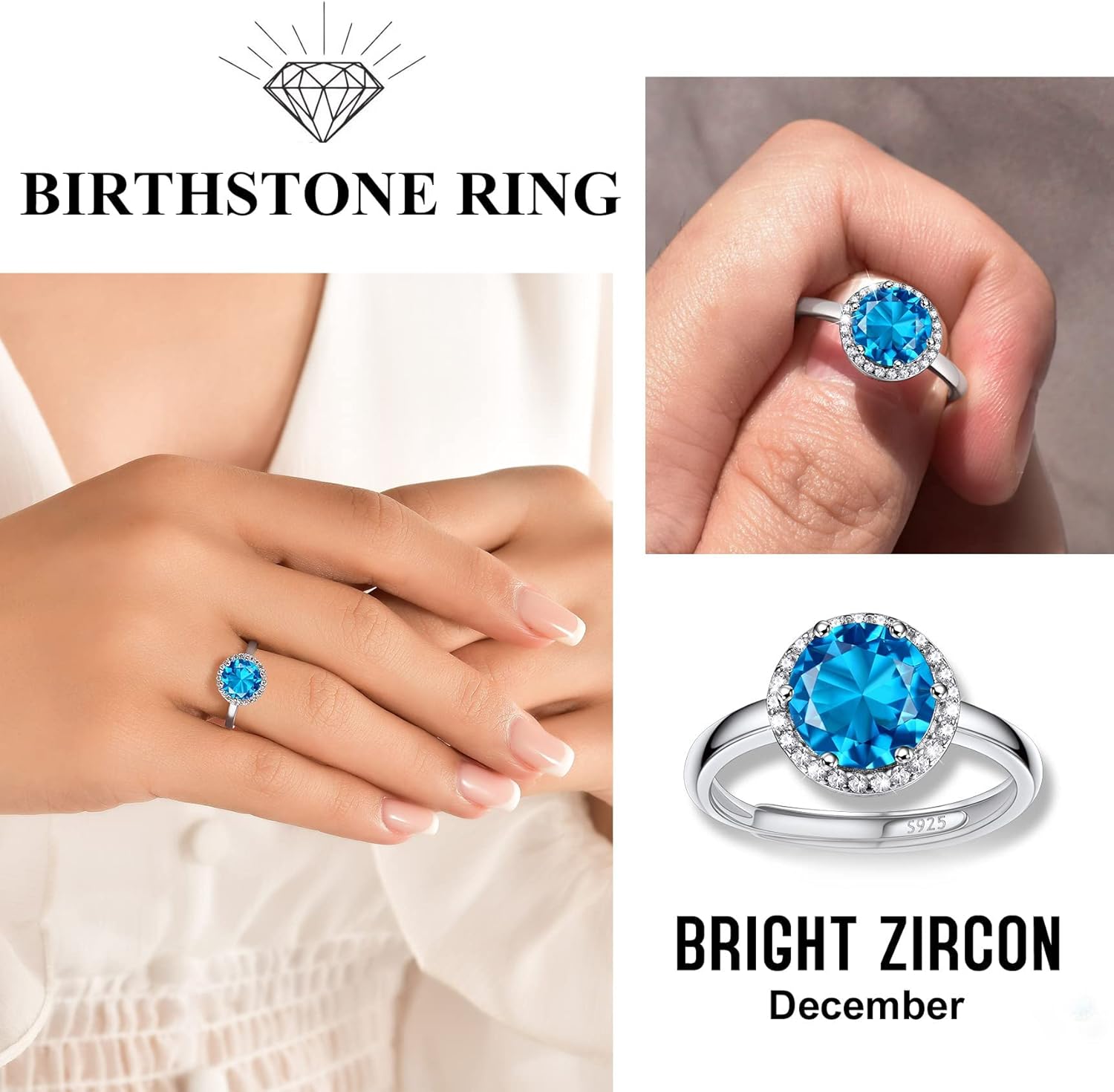December Blue Topaz Round Diamond Open Bands Cubic Zirconia Rings