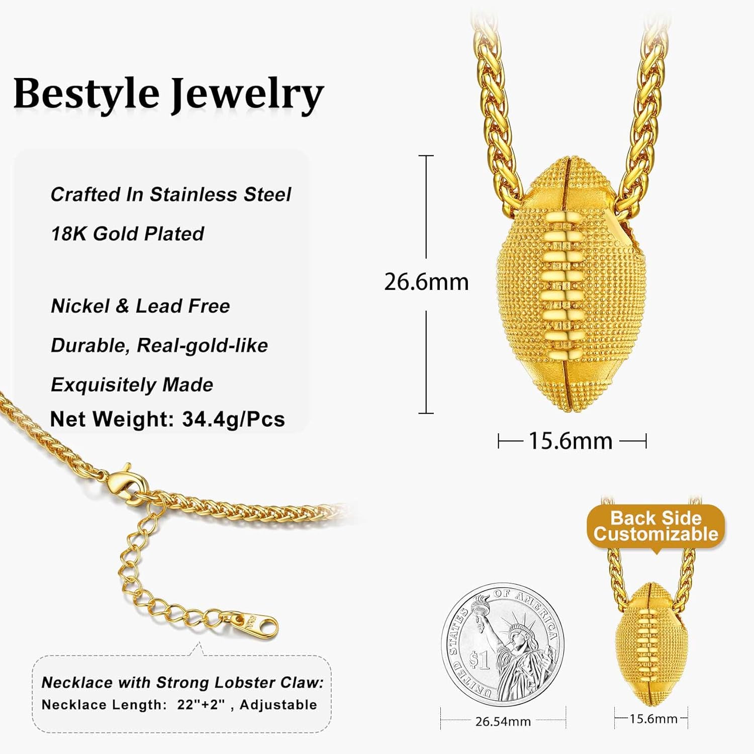 18K Gold Plated Rugby Ball Pendants Sprots Necklace