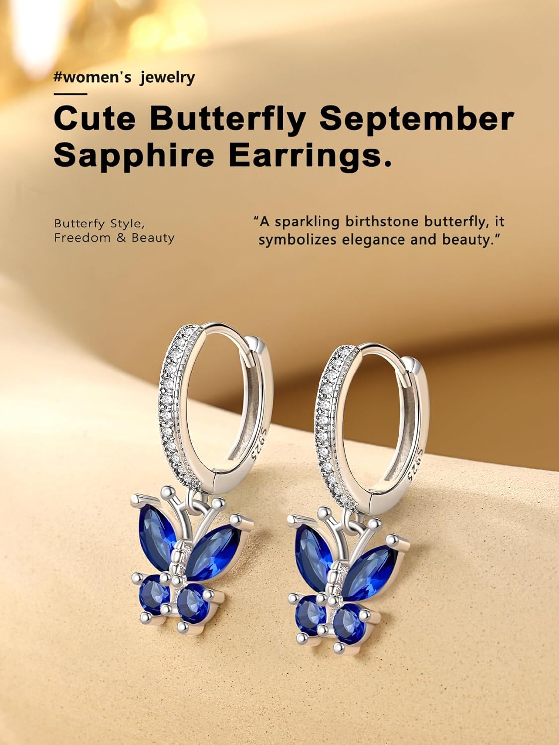 September Sapphire Dangle Butterfly Birthstone Studs Earrings