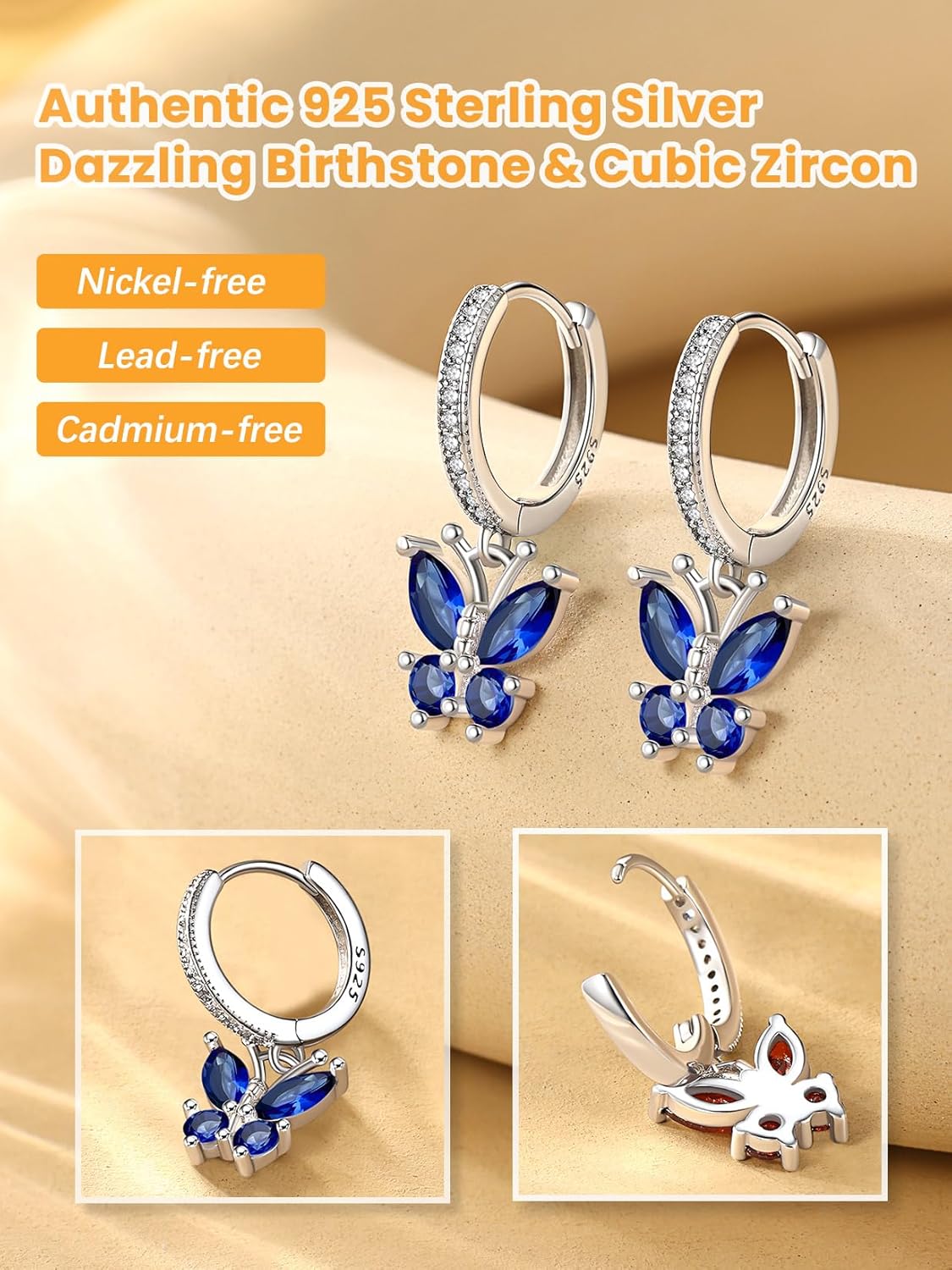 September Sapphire Dangle Butterfly Birthstone Studs Earrings