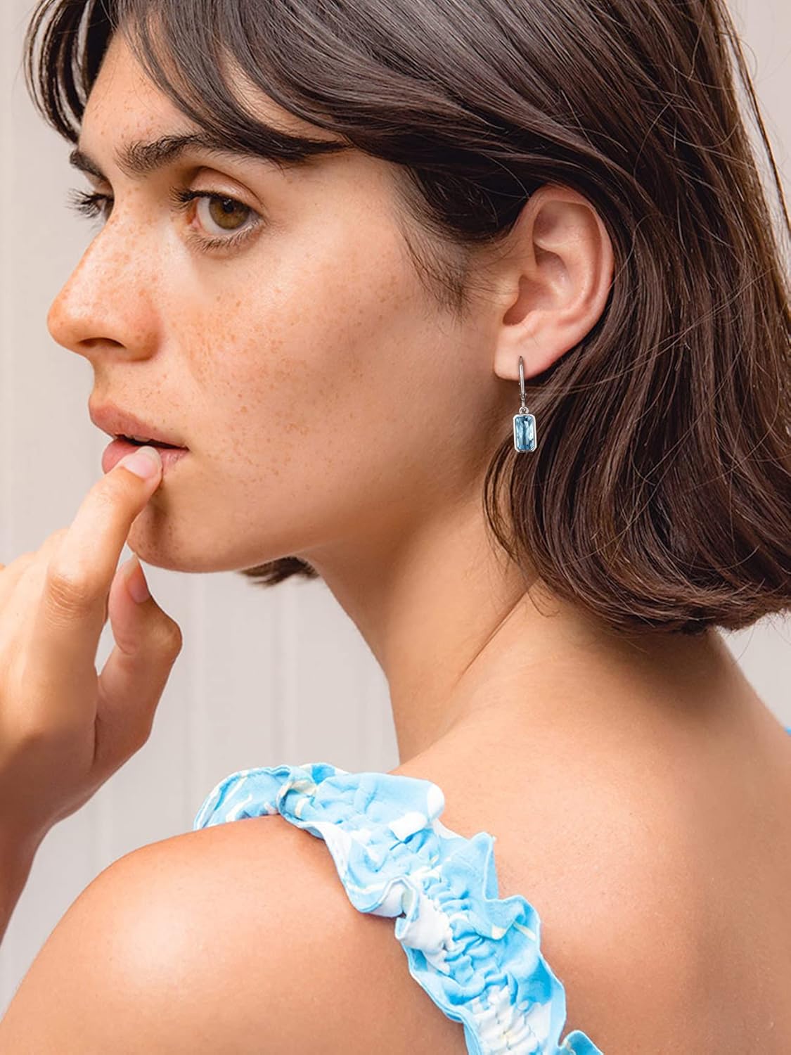 Rectangular Baguette March Aquamarine Crystal Huggie Hoop Dangle Earring 