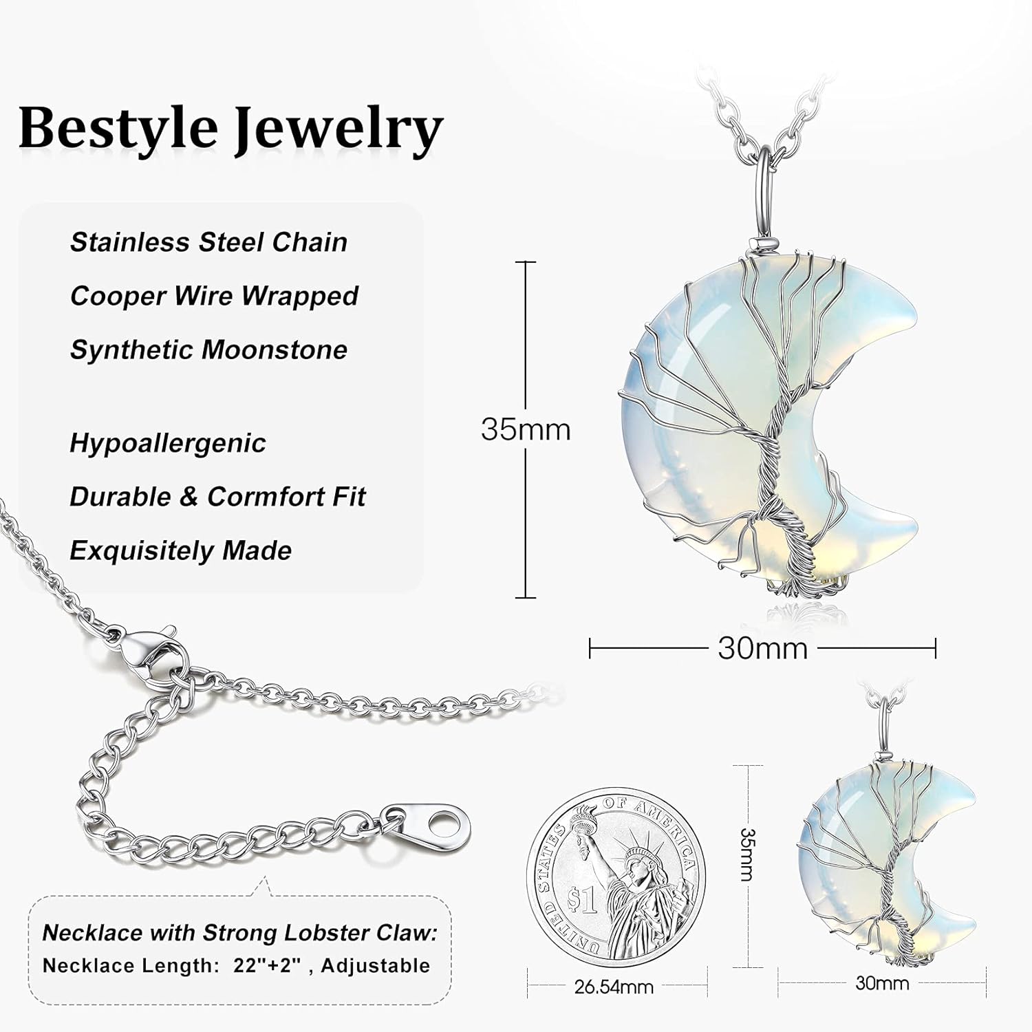 Crescent Healing Crystal Moonstone Pendant Necklaces 