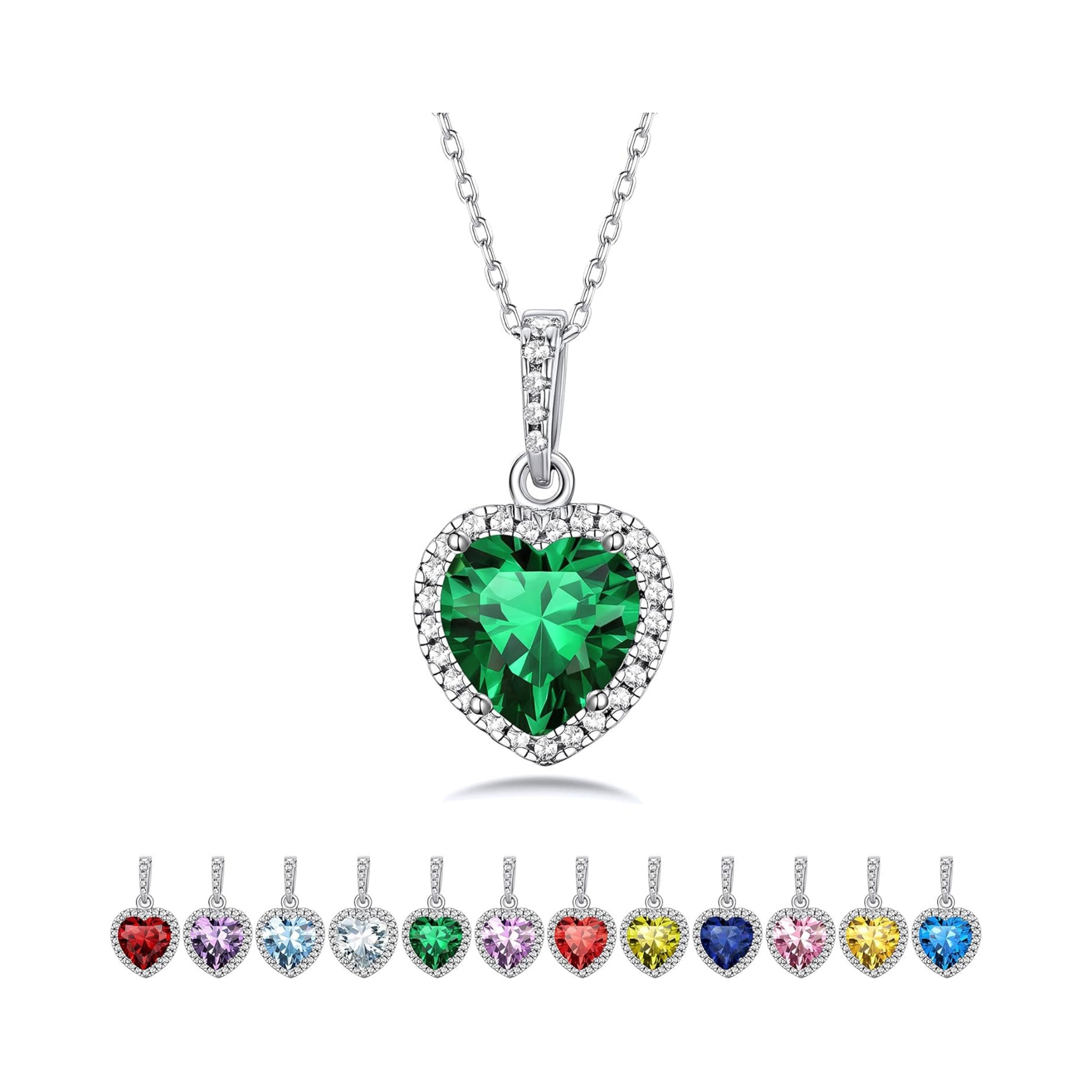 Heart May Emerald Solitaire Birthstone Pendant Diamond Necklace