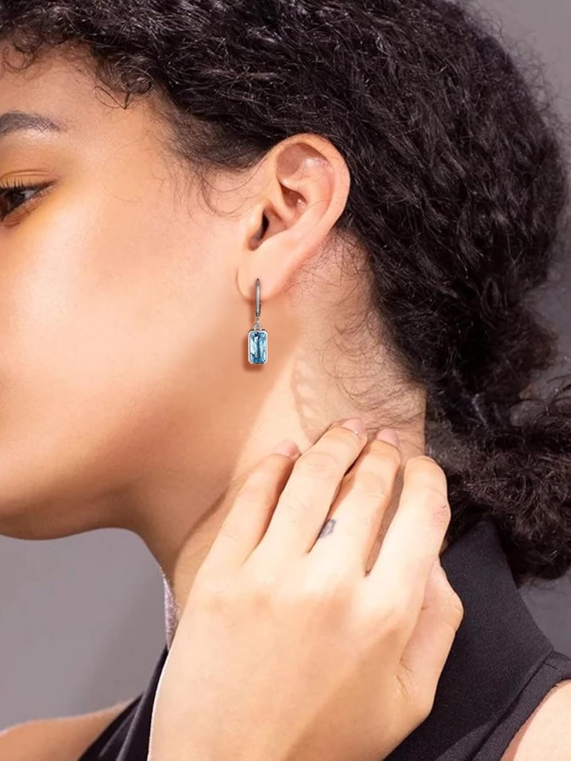 Rectangular Baguette March Aquamarine Crystal Huggie Hoop Dangle Earring 