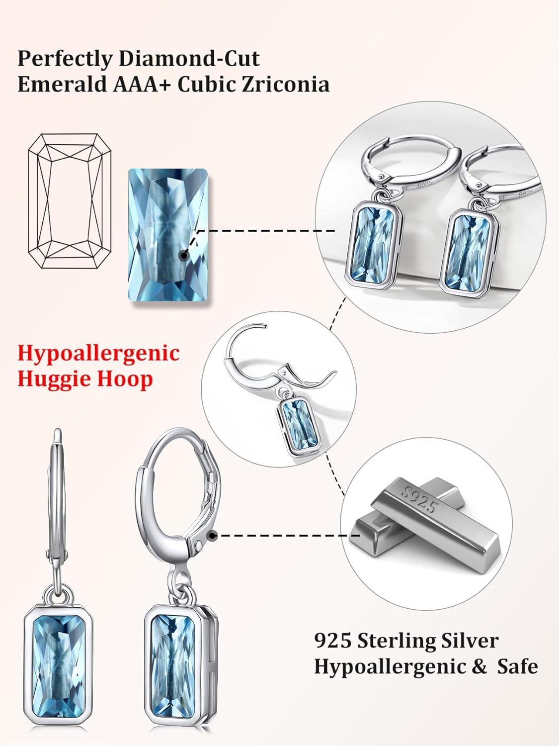 Rectangular Baguette March Aquamarine Crystal Huggie Hoop Dangle Earring 