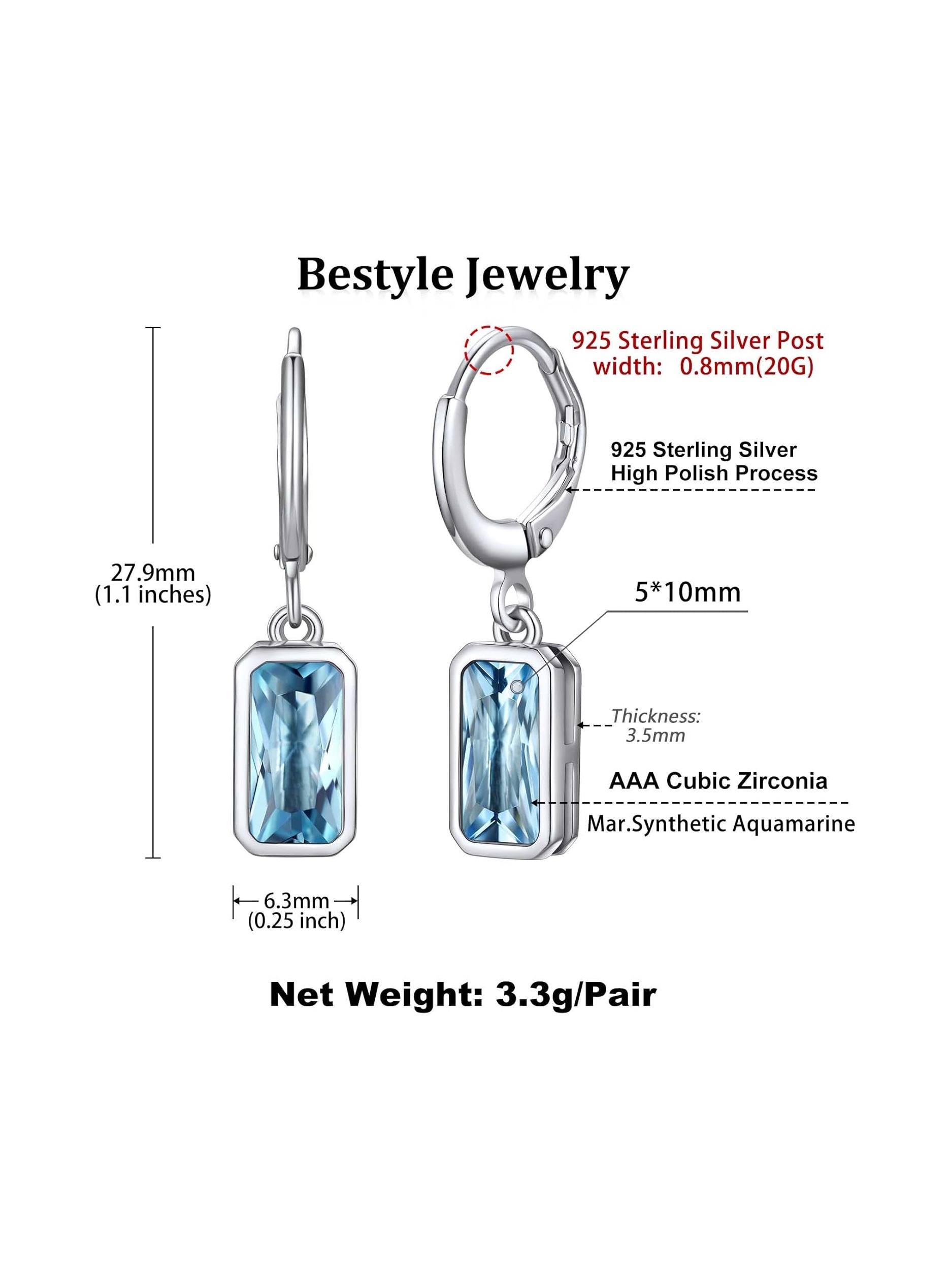 Rectangular Baguette March Aquamarine Crystal Huggie Hoop Dangle Earring 