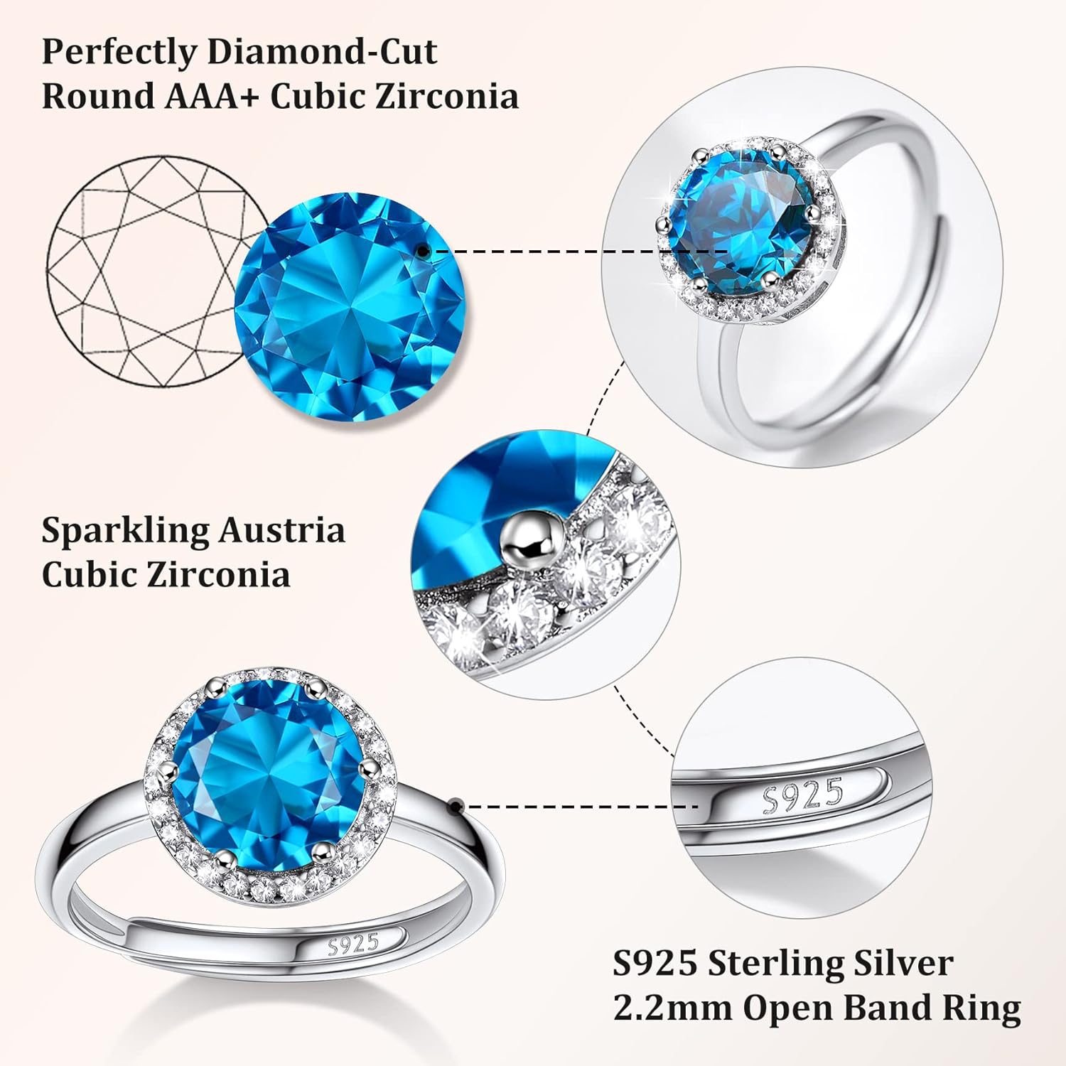 December Blue Topaz Round Diamond Open Bands Cubic Zirconia Rings