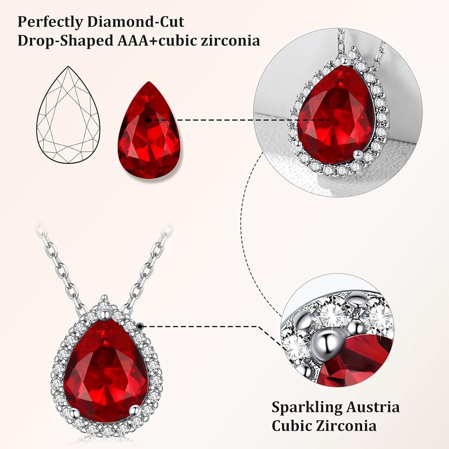 Teardrop January Garnet Solitaire Pendant Diamond Necklace