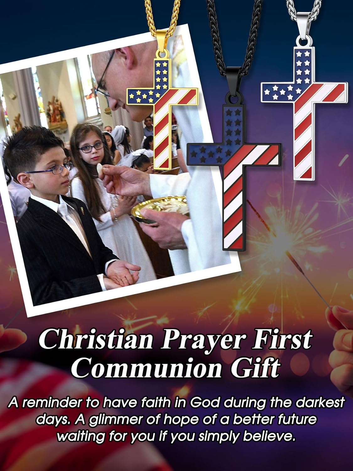 Stainless Steel US Flag Cross Patriotic Necklace