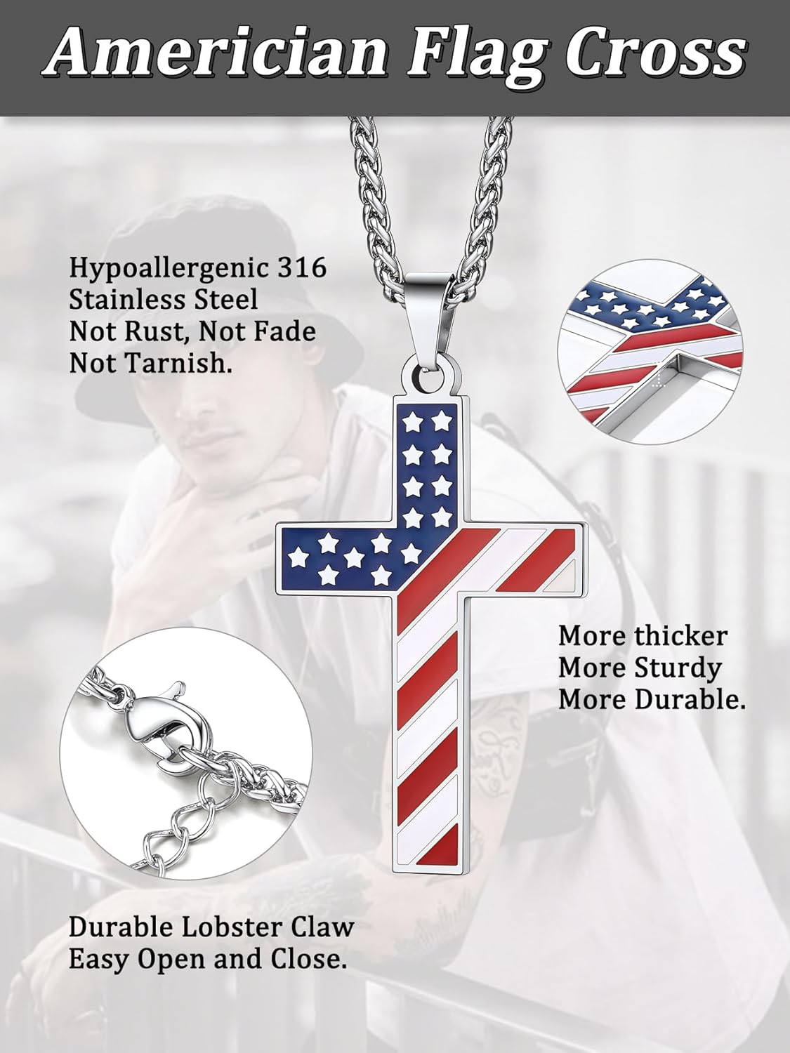 Stainless Steel US Flag Cross Patriotic Necklace