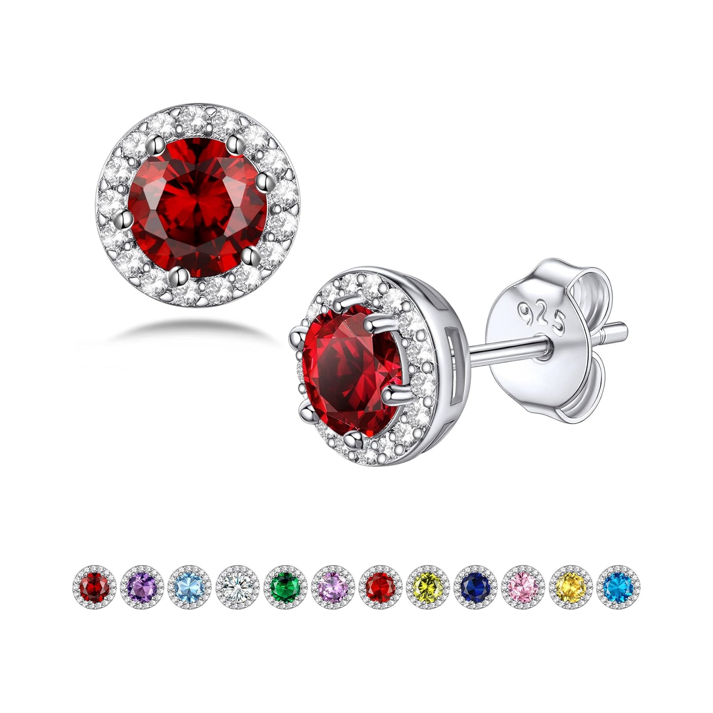 January Red Garnet Round Birthstone with Cubic Zirconia Stud Earrings