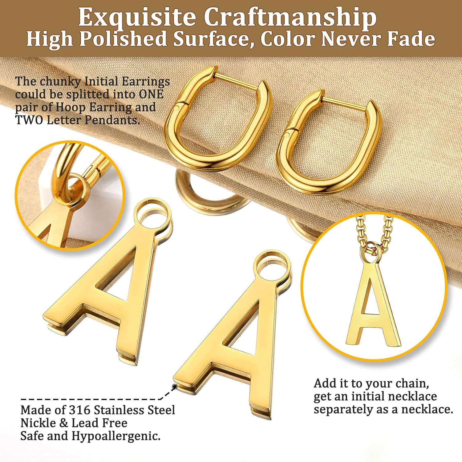 Initial Letter H Chunky U-shape Huggie Hoops Earrings