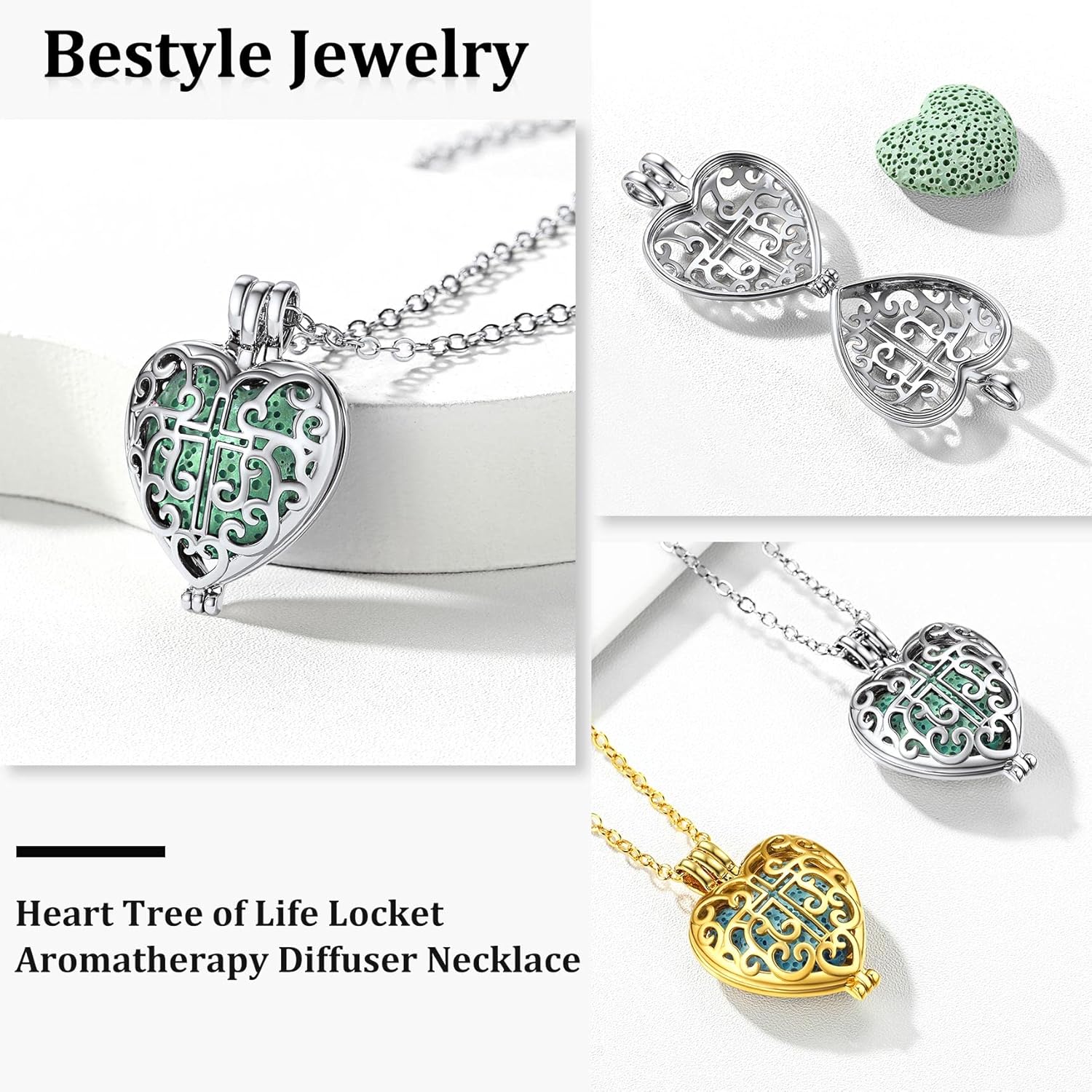 Platinum Celtic Cross Heart Locket Lava Stone Diffuser Necklaces