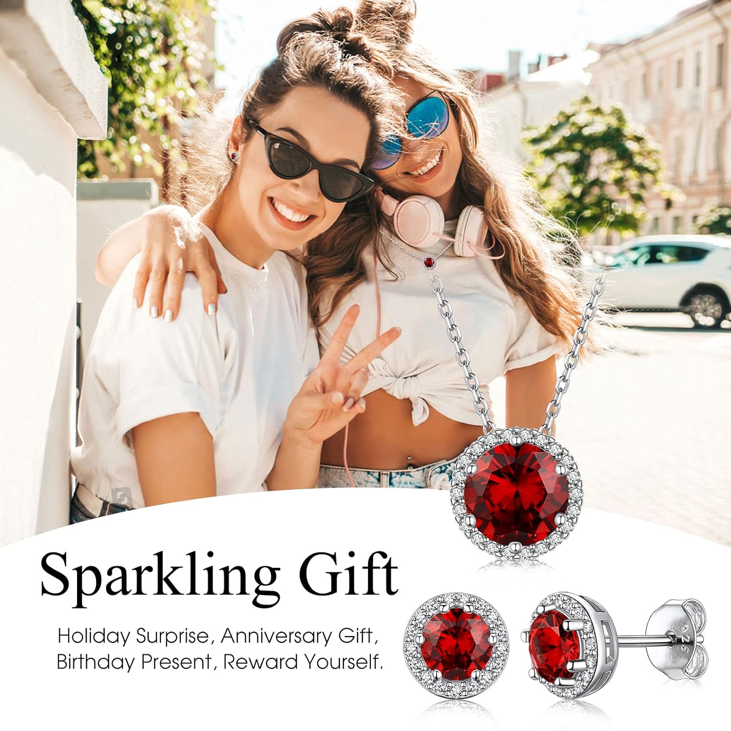 January Red Garnet Round Birthstone with Cubic Zirconia Stud Earrings