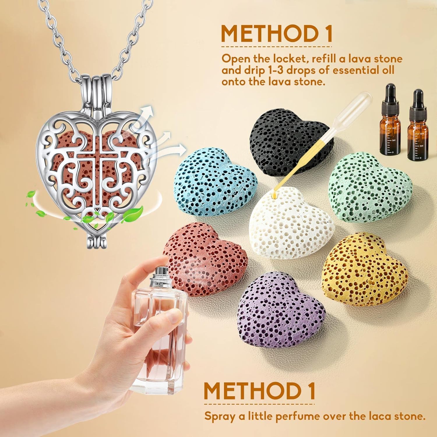 Platinum Celtic Cross Heart Locket Lava Stone Diffuser Necklaces