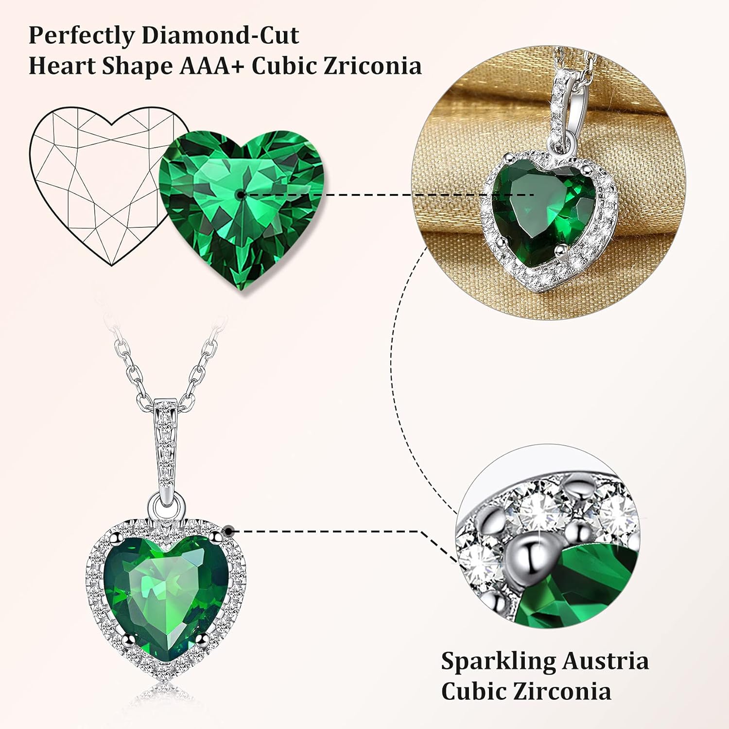 Heart May Emerald Solitaire Birthstone Pendant Diamond Necklace