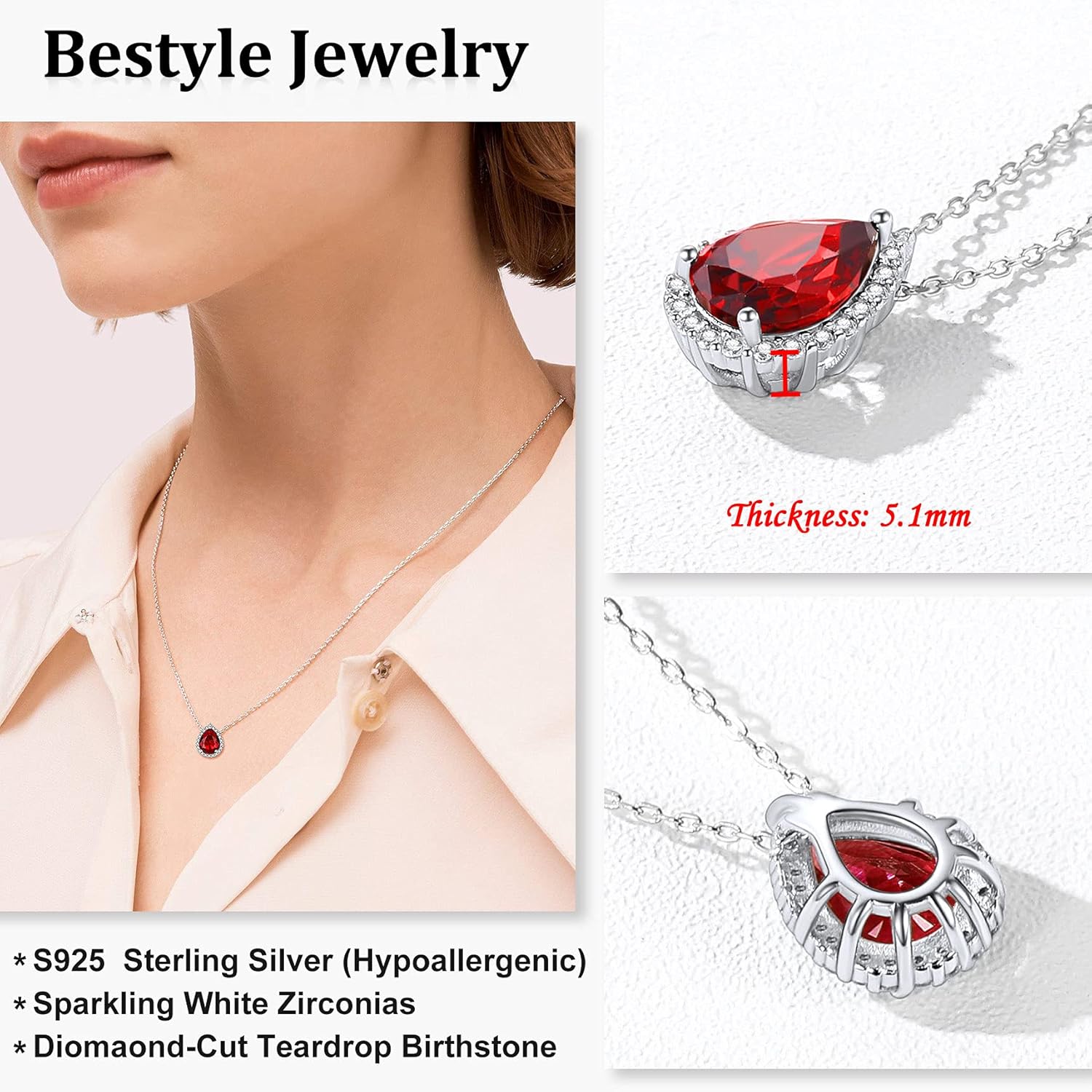 Teardrop January Garnet Solitaire Pendant Diamond Necklace