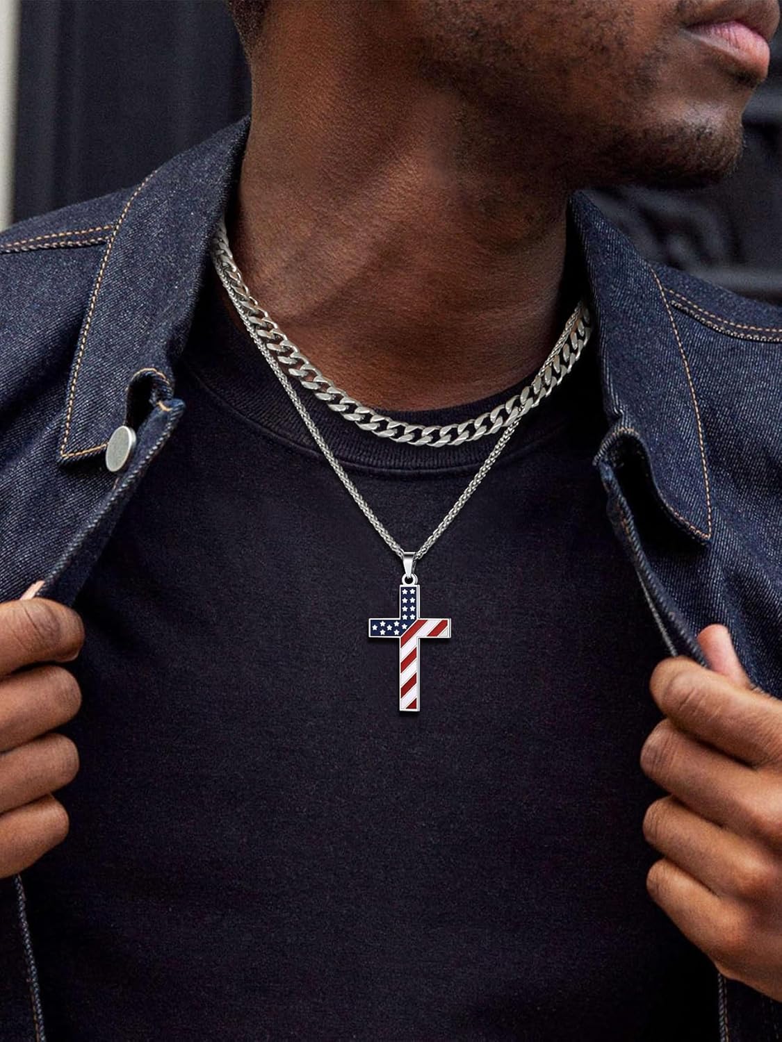 Stainless Steel US Flag Cross Patriotic Necklace
