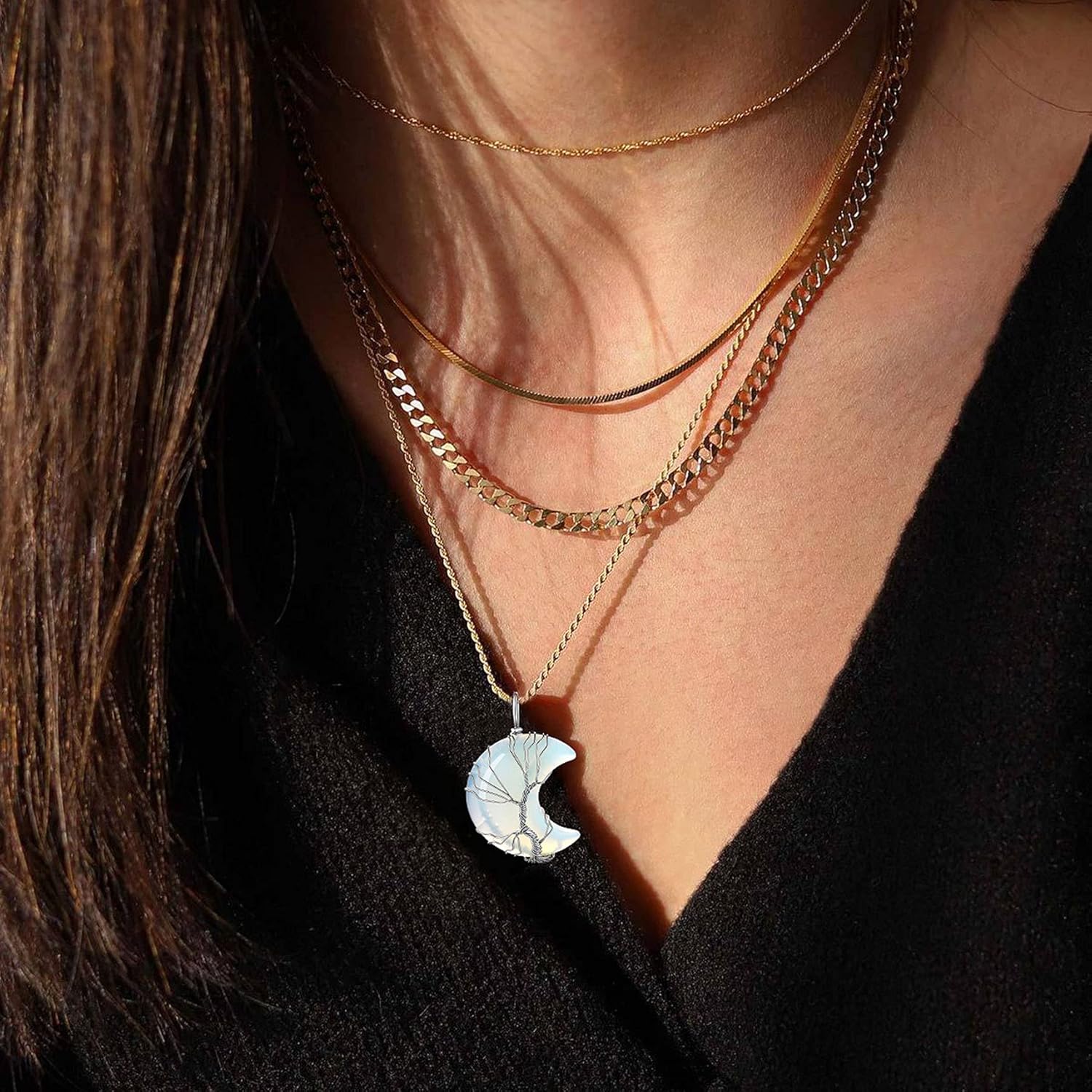 Crescent Healing Crystal Moonstone Pendant Necklaces 