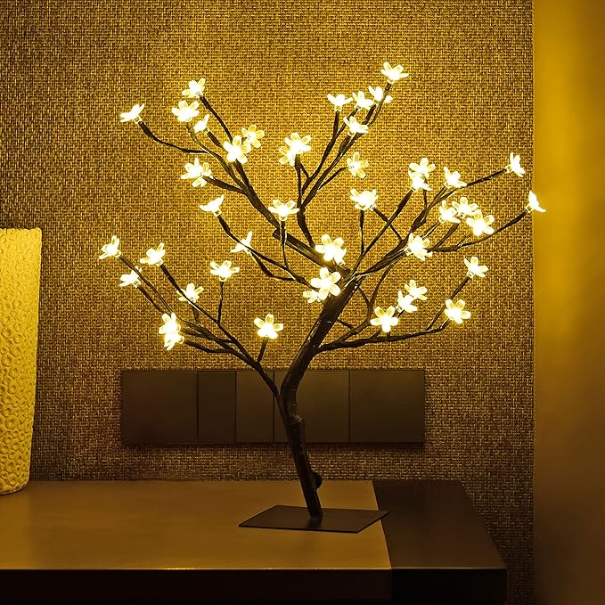 Árvore bonsai de flor de cerejeira de 8 polegadas, 48​​luzes LED, vem com adaptador de 24 V listado pela UL, base de metal, luz branca quente, ótima como luz noturna, presente para casa