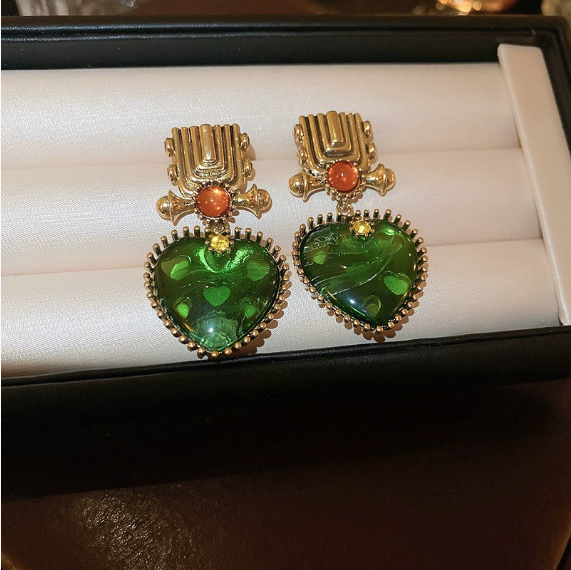 Irregular metal glass heart stud earrings