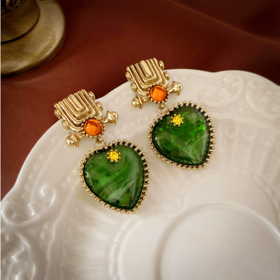 Irregular metal glass heart stud earrings