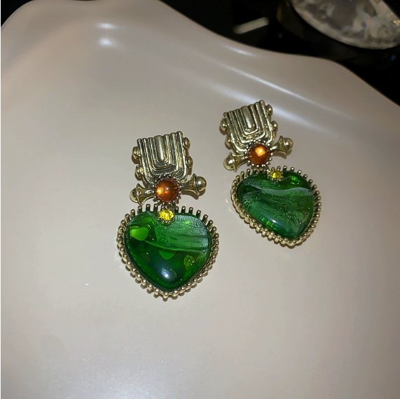 Irregular metal glass heart stud earrings