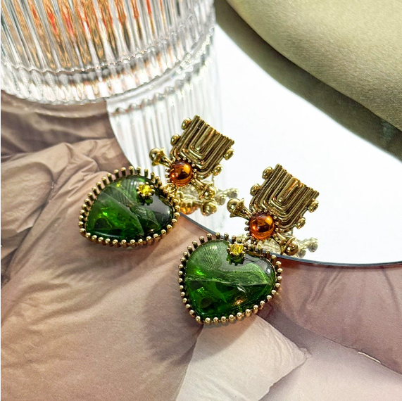 Irregular metal glass heart stud earrings