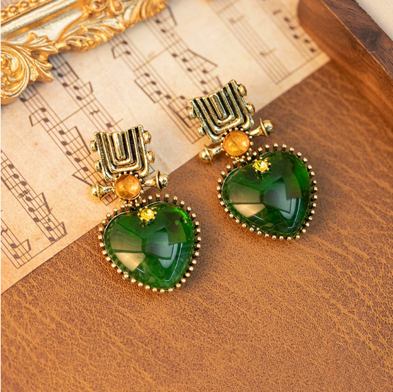 Irregular metal glass heart stud earrings