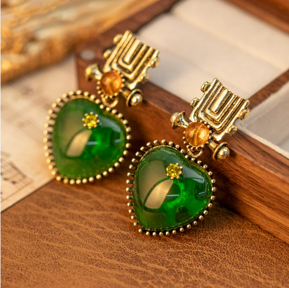 Irregular metal glass heart stud earrings