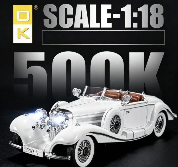 1:18 Mercedes-Benz 500K Classic Vintage Alloy Car Model, Simulation Light & Sound, Openable Doors, Collectible Display, Birthday Gift  CM1