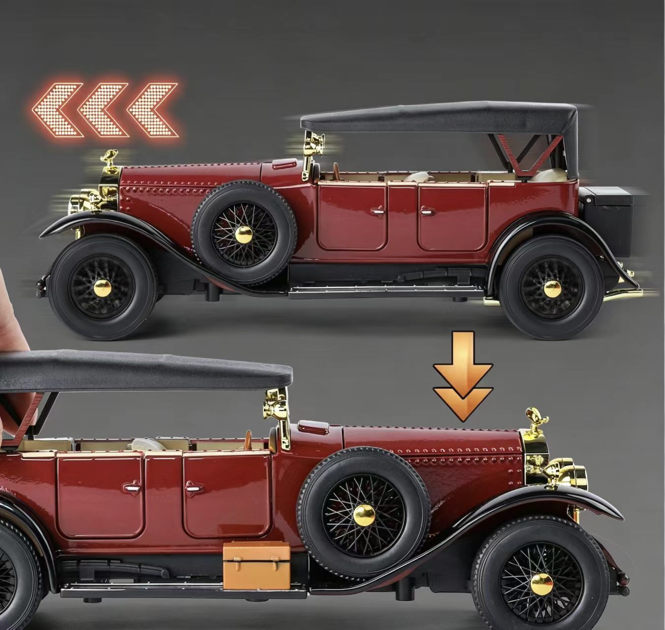 1:24 Rolls-Royce Phantom I Vintage Alloy Car Model, Light & Sound, Pull-Back, Collectible Display with Dust Cover, Birthday Gift   ZM5