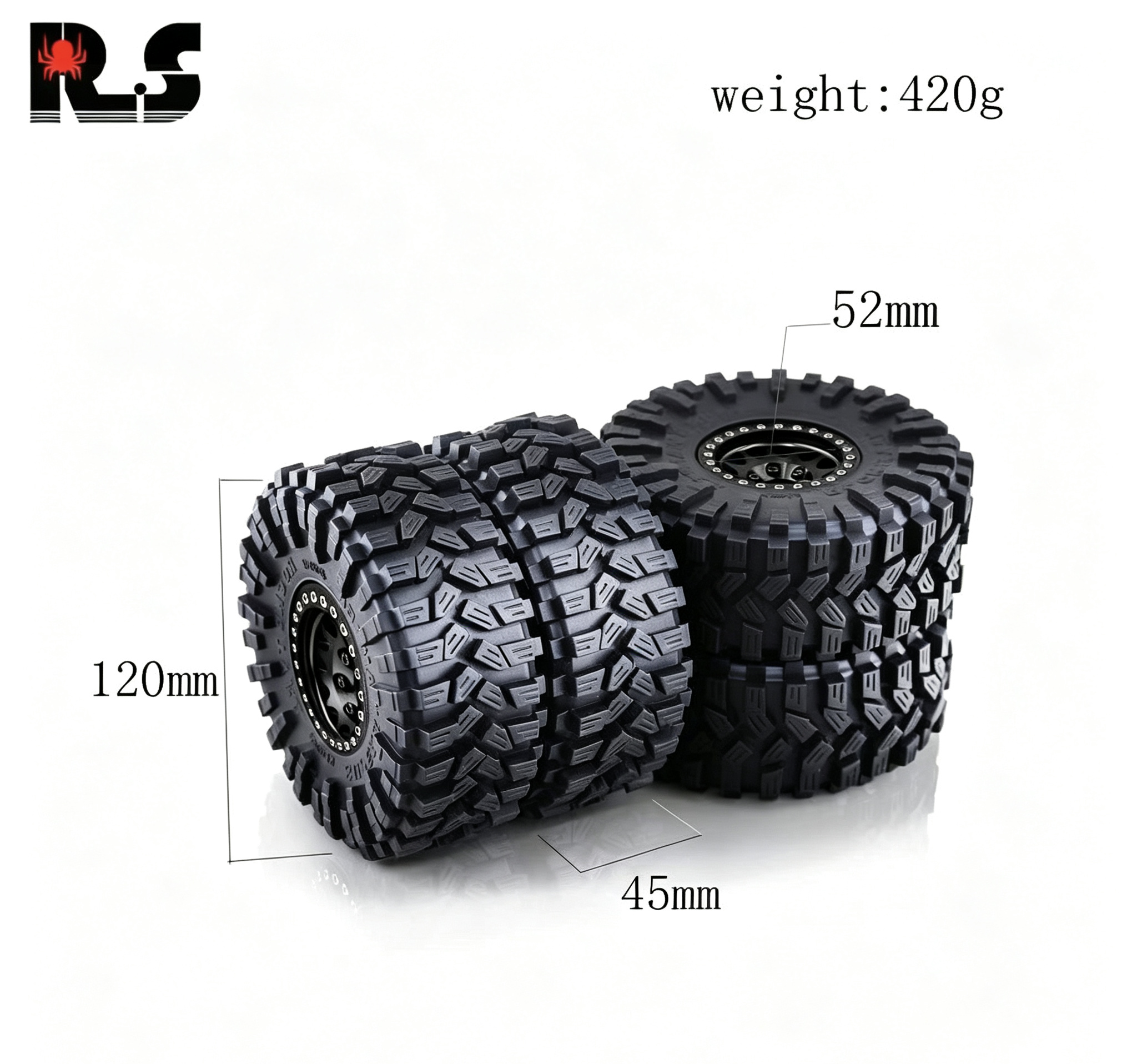 RS Red Spider 1:10 RC Crawler 1.9" "Nine-Tailed Fox" Tires & Metal Wheel Set R123 - Compatible with FMS, YK, AXIAL, RGT  LT3