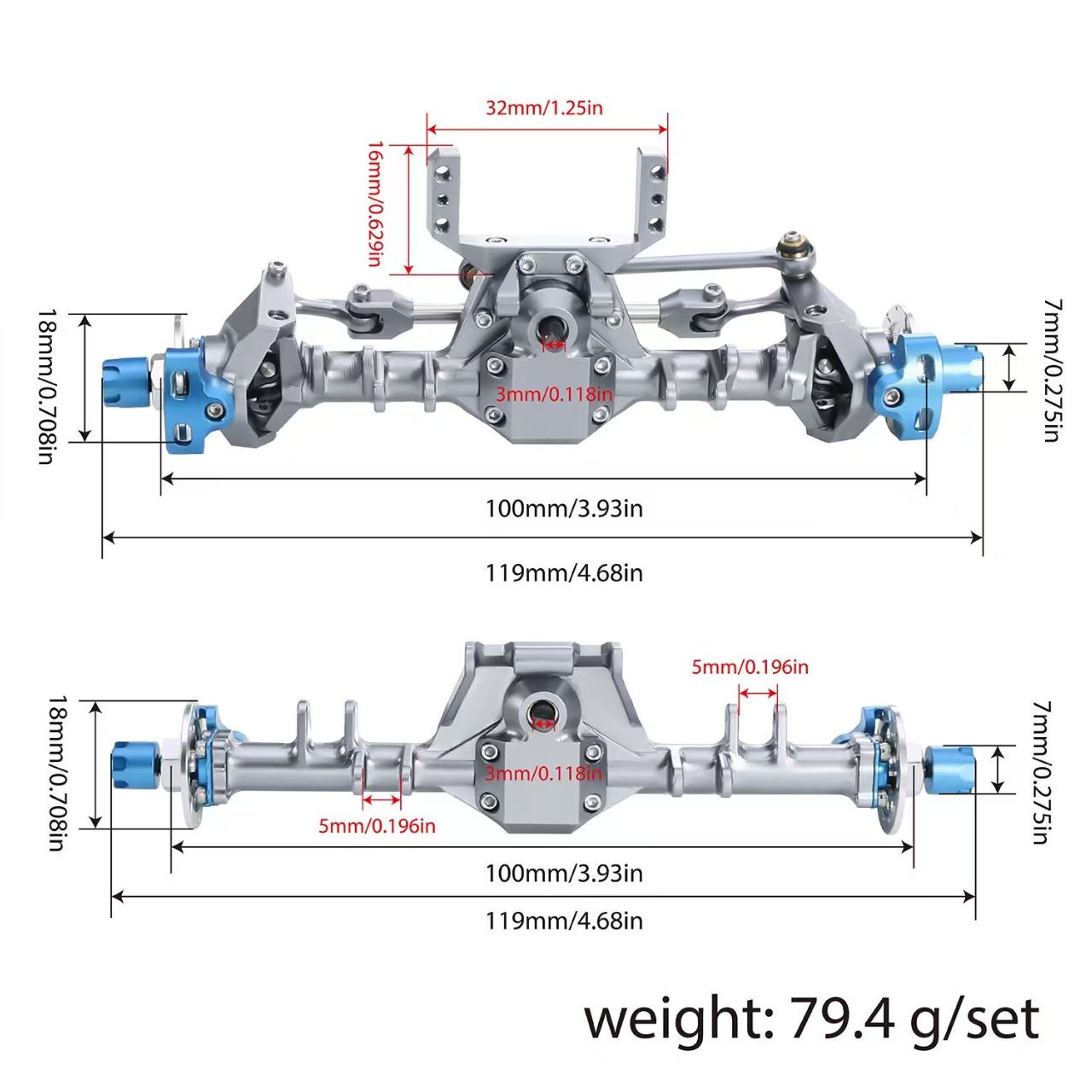 +9mm Aluminum Front & Rear Straight Axle Set with Hydraulic Links for 1/24 RC Crawler SCX24 90081 C10 JEEP  Q6