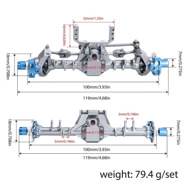 +9mm Aluminum Front & Rear Straight Axle Set with Hydraulic Links for 1/24 RC Crawler SCX24 90081 C10 JEEP  Q6