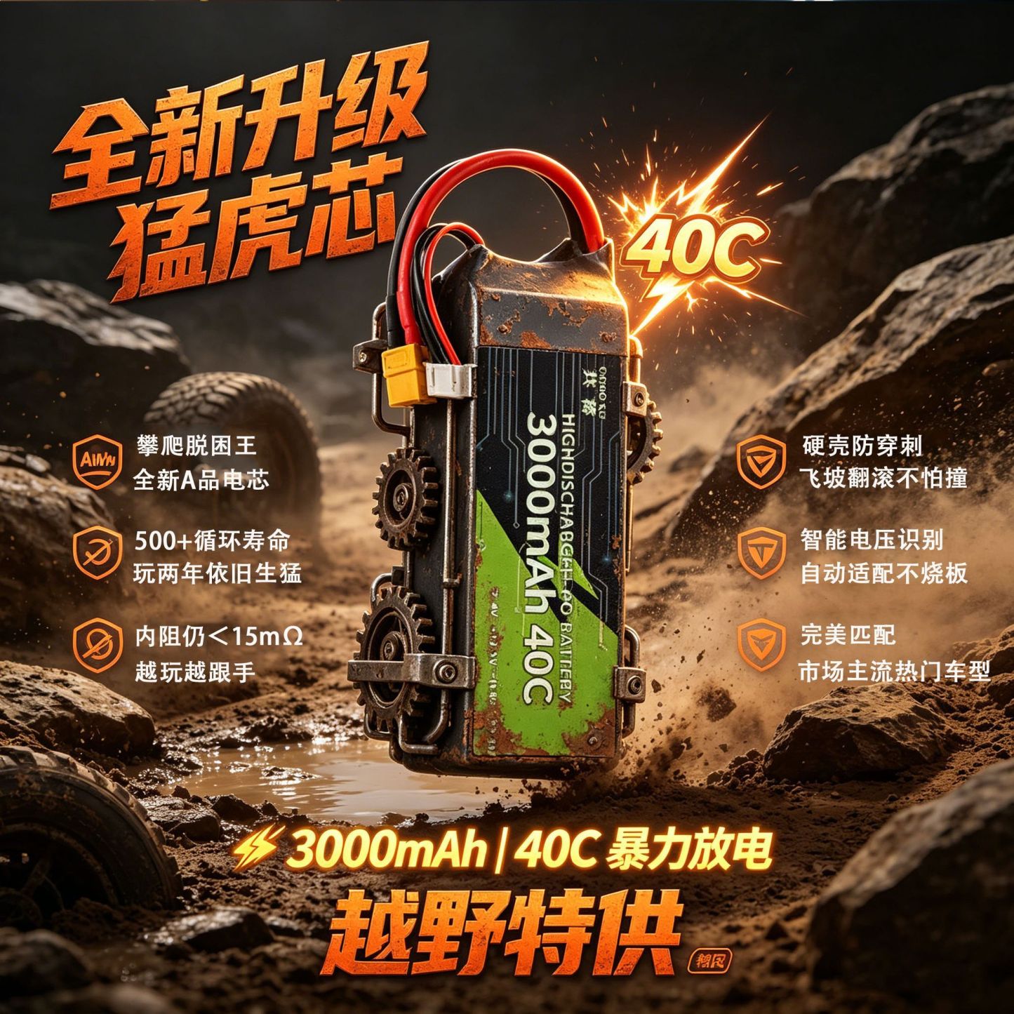 3000mAh 40C High Discharge Rate LiPo Battery with XT60 Plug, Power Lithium Battery for RC Crawler Racing Car, 2S-6S Multi-size Compatible DC3