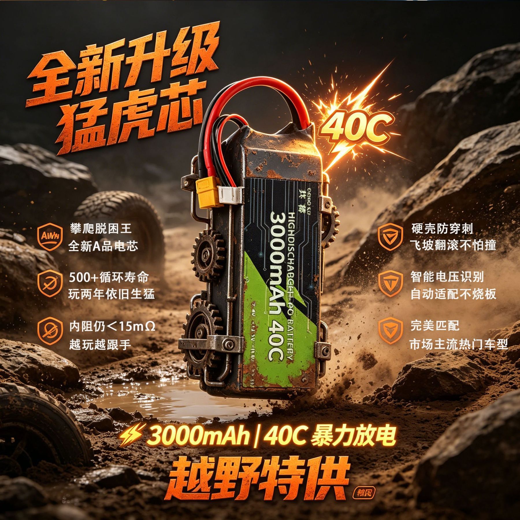 3000mAh 40C High Discharge Rate LiPo Battery with XT60 Plug, Power Lithium Battery for RC Crawler Racing Car, 2S-6S Multi-size Compatible DC3