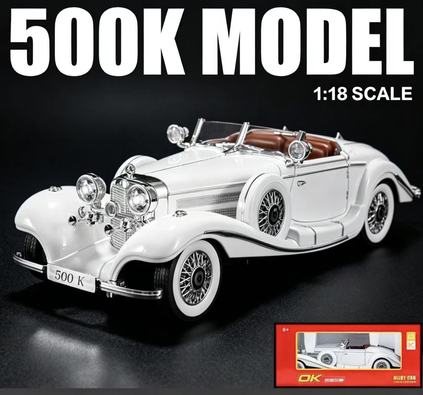 1:18 Mercedes-Benz 500K Classic Vintage Alloy Car Model, Simulation Light & Sound, Openable Doors, Collectible Display, Birthday Gift  CM1