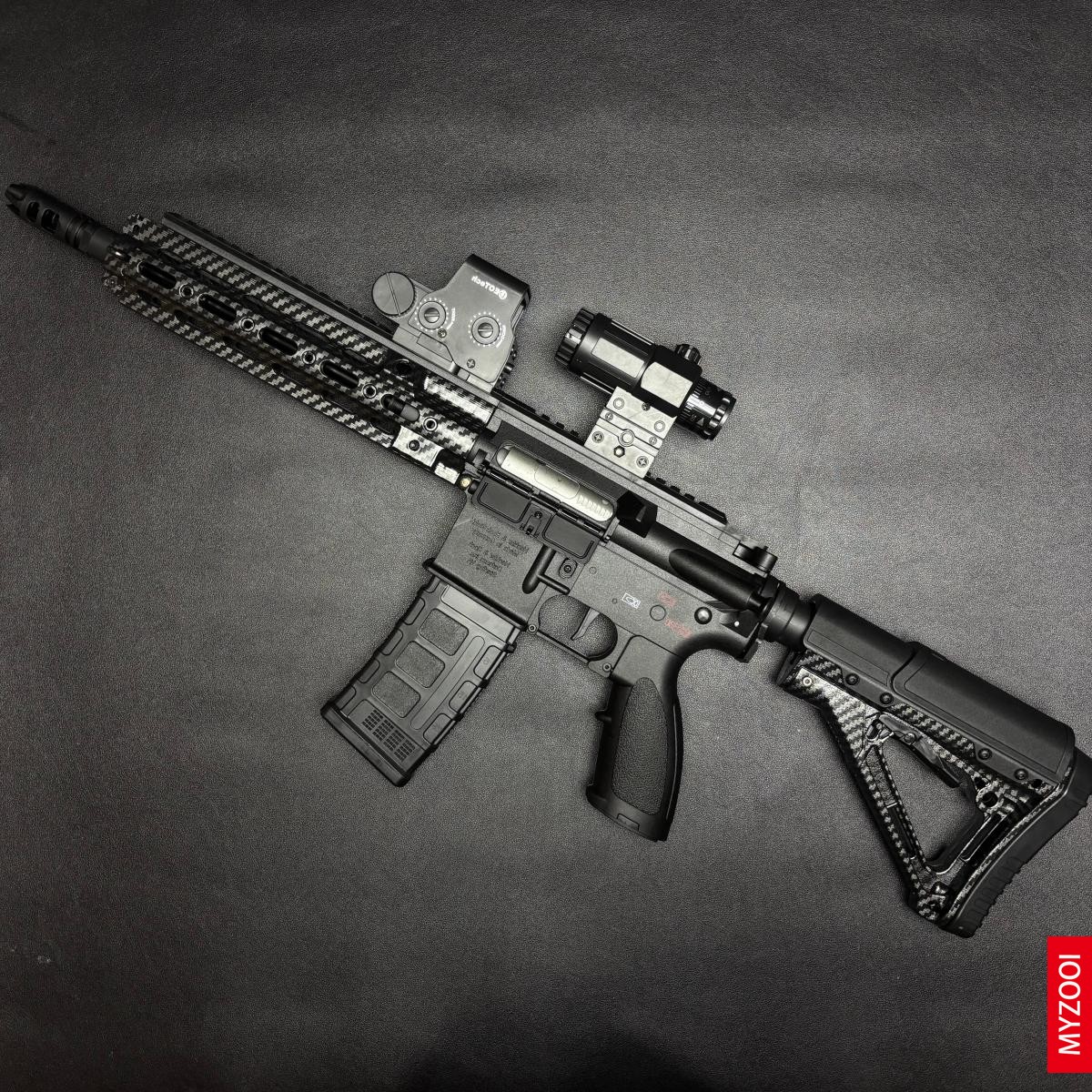 HK416D Safety Toy Gun, Carbon Fiber Pattern, Made of Nylon.