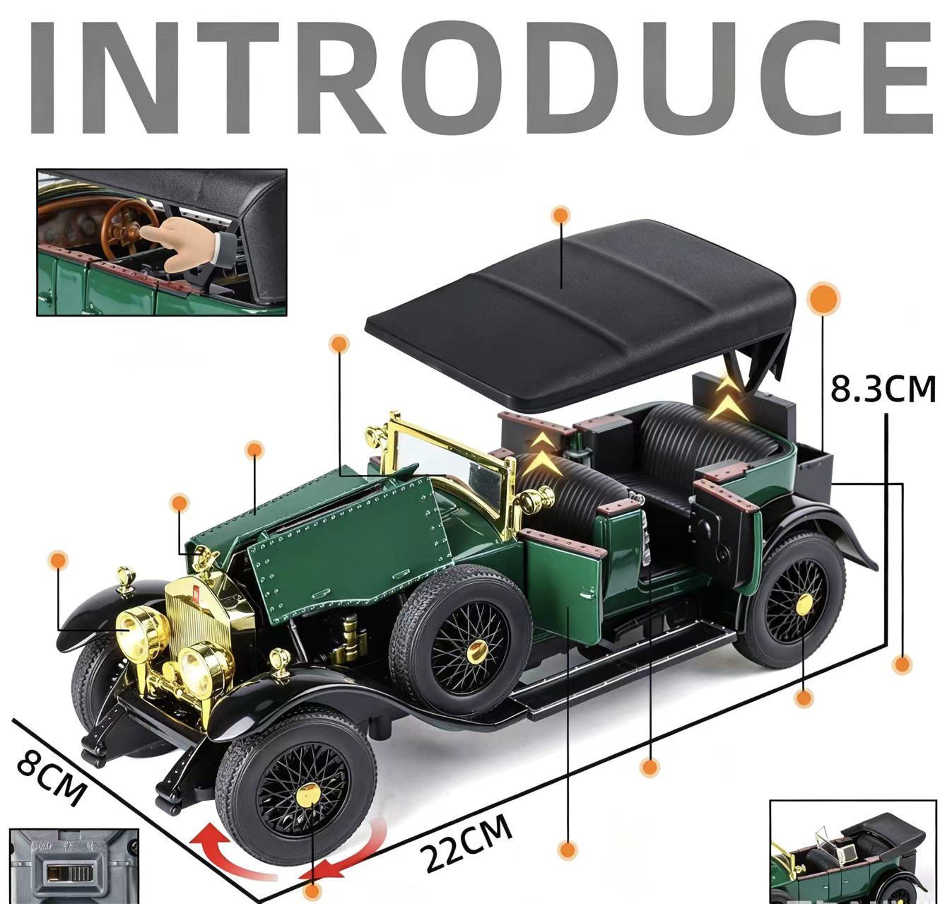 1:24 Rolls-Royce Phantom I Vintage Alloy Car Model, Light & Sound, Pull-Back, Collectible Display with Dust Cover, Birthday Gift   ZM5